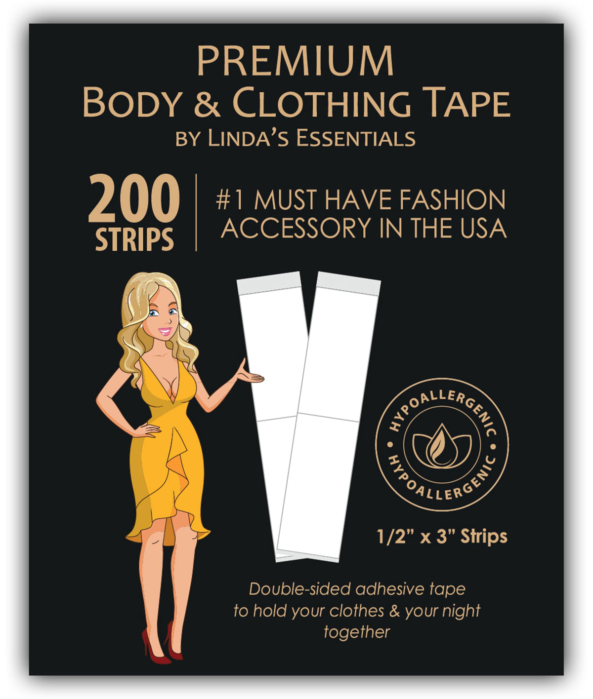 Linda's Essentials Double Sided Body and Clothing Tape (200 Pack) Transparent Tape for Clothes & Body, Suitable for All Fabric Types and Sensitive Skin   Extra Adhesive Dress Tape