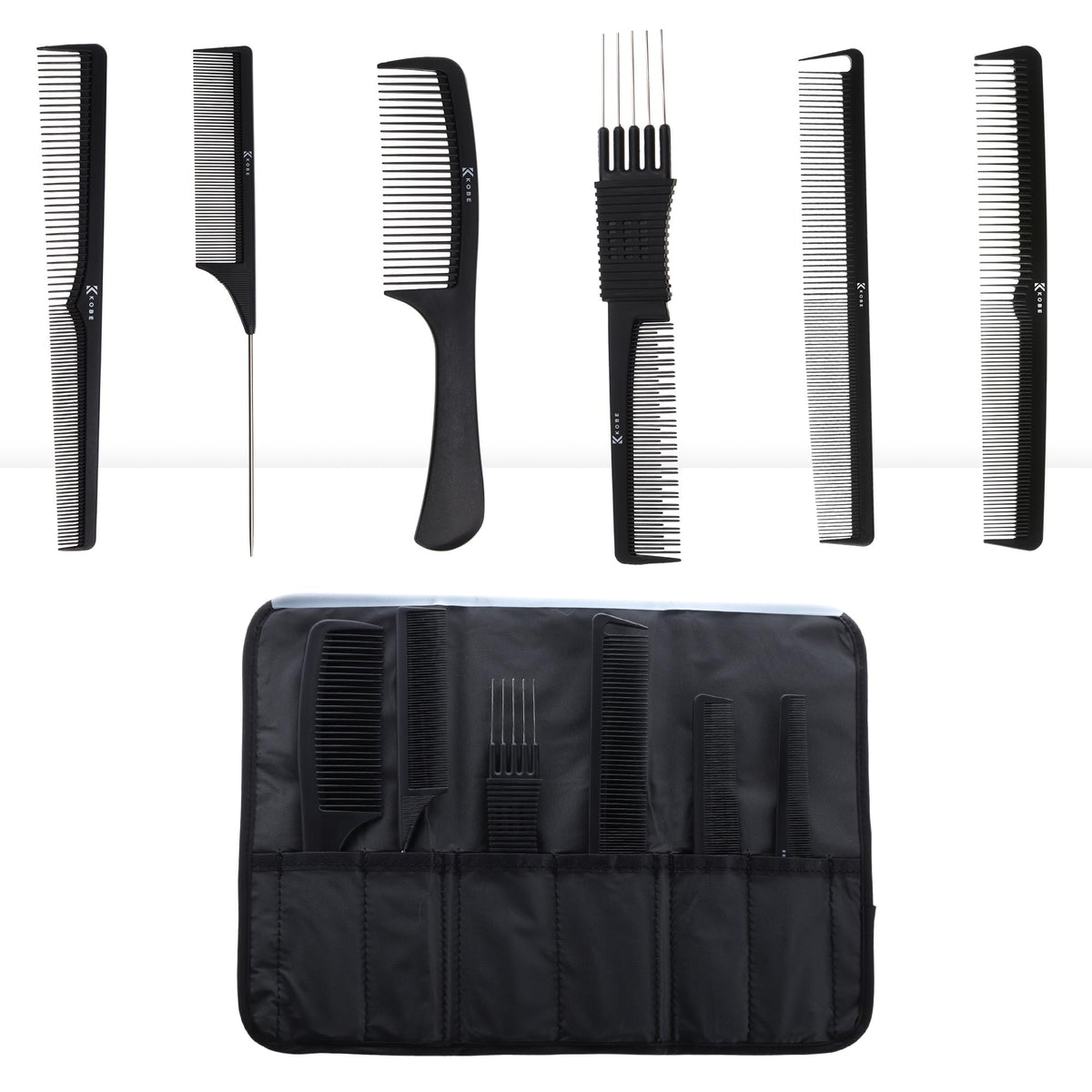 Kobe Professional Hairdresser's Set of 6 Carbon Fibre Combs in Comb Wallet - Highly Durable Combs that Resist Heat & Chemicals & are Anti-Static