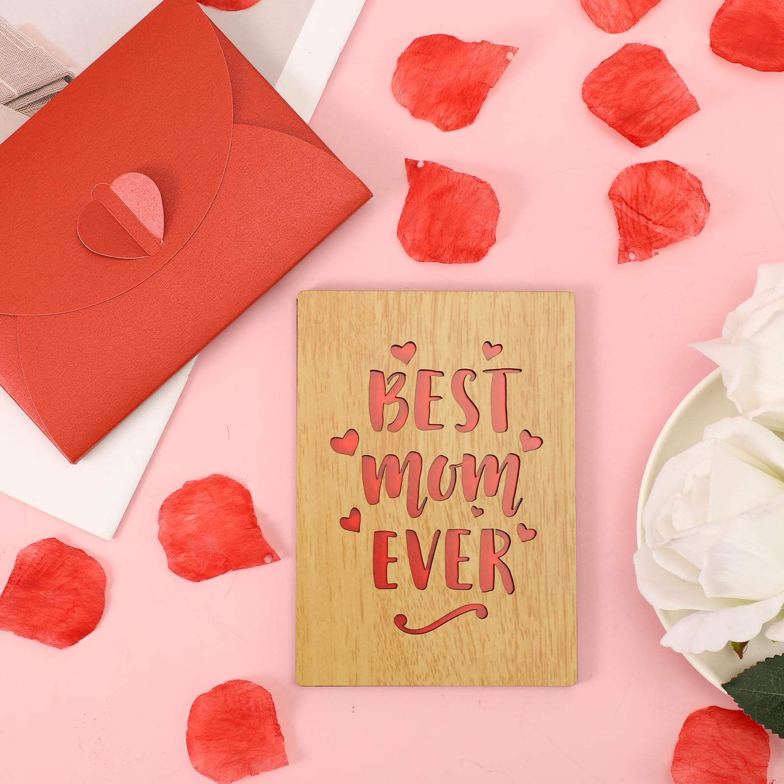 Wooden Mothers Day Card, Best Mom Mum Ever Card Mother's Day Gift Card Greeting Cards with Envelope for Her Mom Wife Grandma Birthday Anniversary Thanksgiving Gift