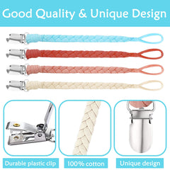 4 Pack Dummy Clip, BPA Free Dummy Clips Girl Cotton Dummy Clips for Baby Braided Pacifier Clips for Newborn Boys Girls Essentials Baby Teething Shower Clips