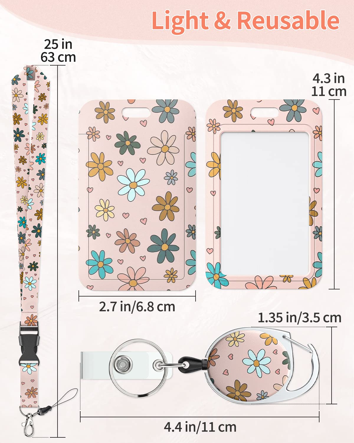 Uniclife Floral Sliding Badge Holder Pink Flower Plastic Case with Retractable Badge Reel Carabiner Clip and Detachable Lanyard Strap Hard Vertical Card Protector for Women Nurse Teacher Student