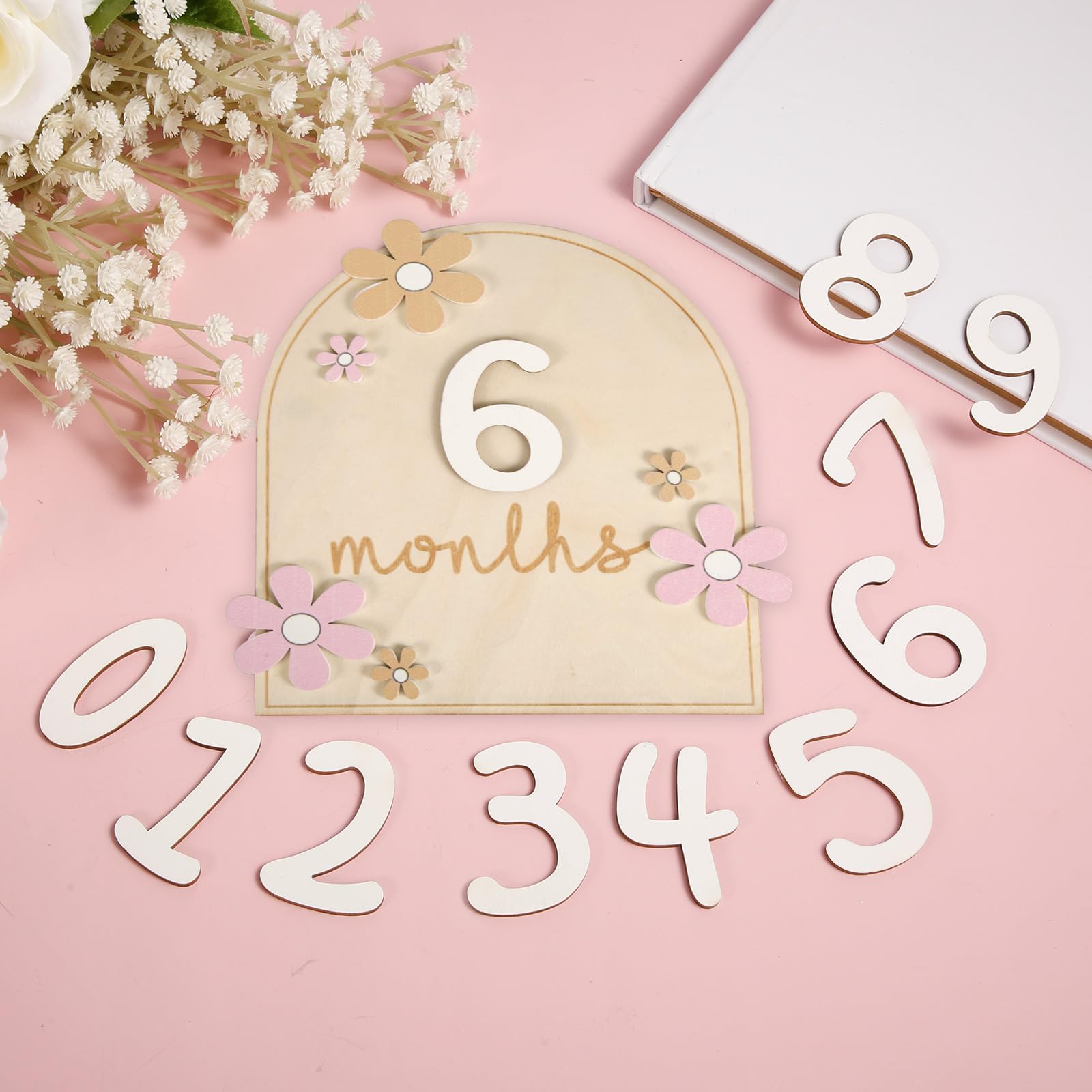 2pcs Baby Monthly Milestone Cards with Glue Points, Flower-Styled Baby Monthly Milestone Markers Wooden Baby Milestone Discs Photo Props for Infants 0-12 Months Baby Shower Growth Recording