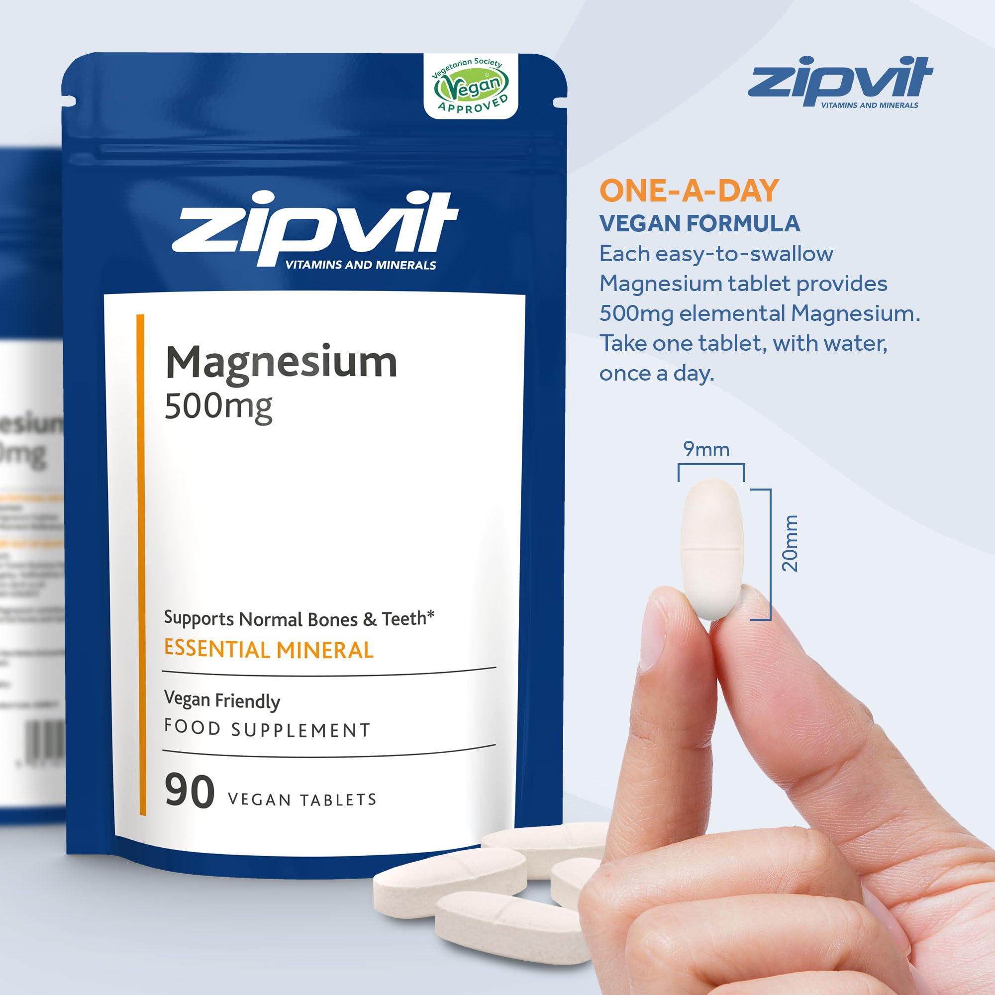 Magnesium 500mg Supplement, 90 Vegan Tablets in Pouch, 3 Months Supply, 1 Per Day, High Strength Elemental Magnesium, Contributes to Reduction of Tiredness and Fatigue