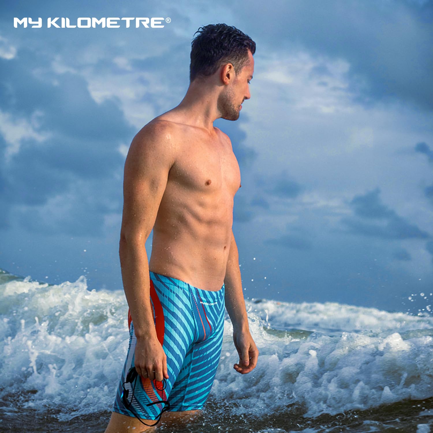 MY KILOMETRE Jammer Swimsuit Mens Solid Swim Jammers Endurance Long Racing Training Swimsuit Blue-L