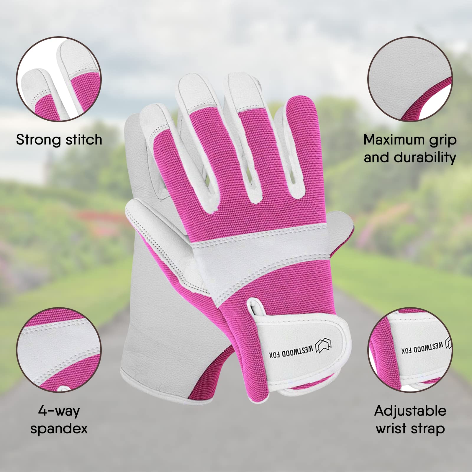 WESTWOOD FOX Gardening Gloves Leather Thorn Safety Working Heavy Duty Work Gloves for Women and Men Garden Tools Mechanic Breathable Gardener Non-Slip Rigger Gloves Protective Gift (Pink, XS)