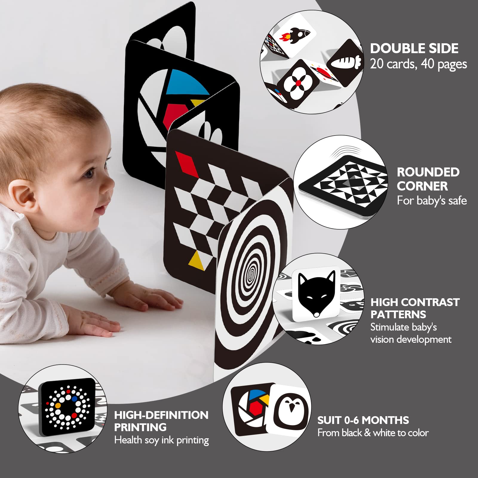 Black and White Sensory Cards Newborn Toys Baby Cards High Contrast Baby Flashcards Tummy Time Cards 0-6 Months Infant Toys 0-3-6 Months Montessori Sensory Cards 20 PCS 6''×6'' Visual Stimulation