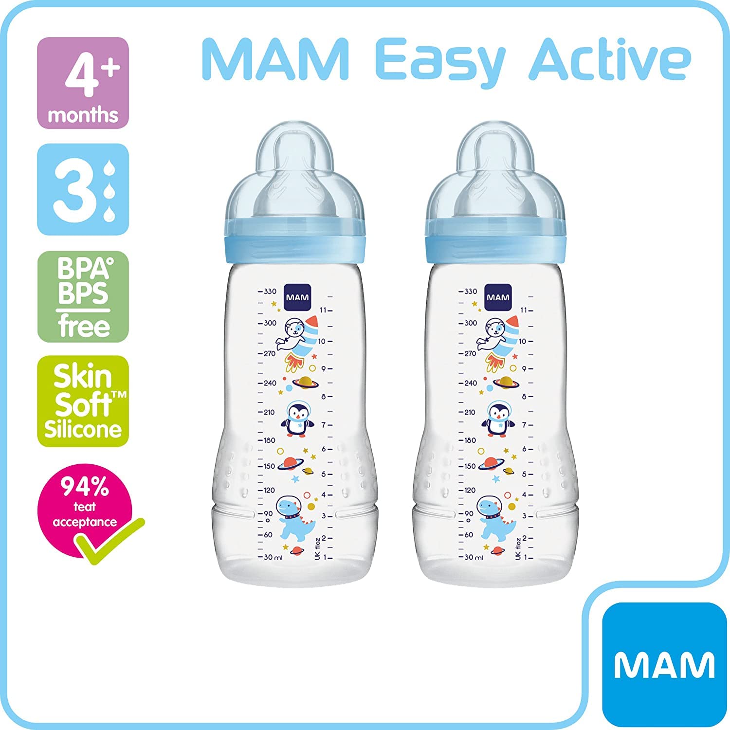 MAM Easy Active Baby Bottle with Fast Flow MAM Teats Size 3, Twin Pack of Baby Bottles, Baby Feeding, 330 ml, Blue (Designs May Vary)