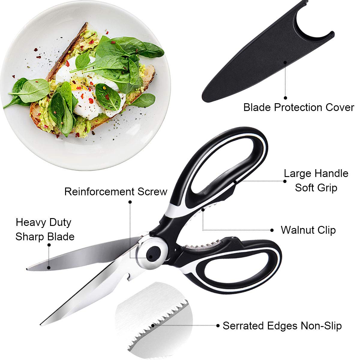 2 Pcs Kitchen Scissors, Heavy Duty Kitchen Scissors, Stainless Steel Kitchen Shear with Cover, Sharp Cooking Scissors for Meat Chicken Fish Nut Vegetable Herb, Bottle Opener (White & Red)