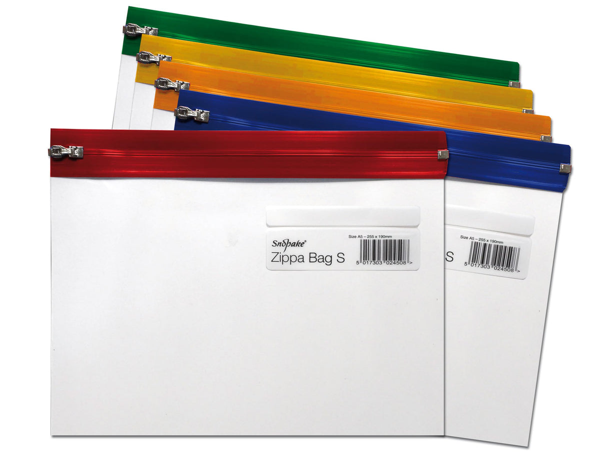 Snopake A5 Zippa-Bag ‘S’ Classic with Write-On Label [Pack of 5] 255 x 190 mm - Transparent/Assorted Zip Strips [Ref: 12722]