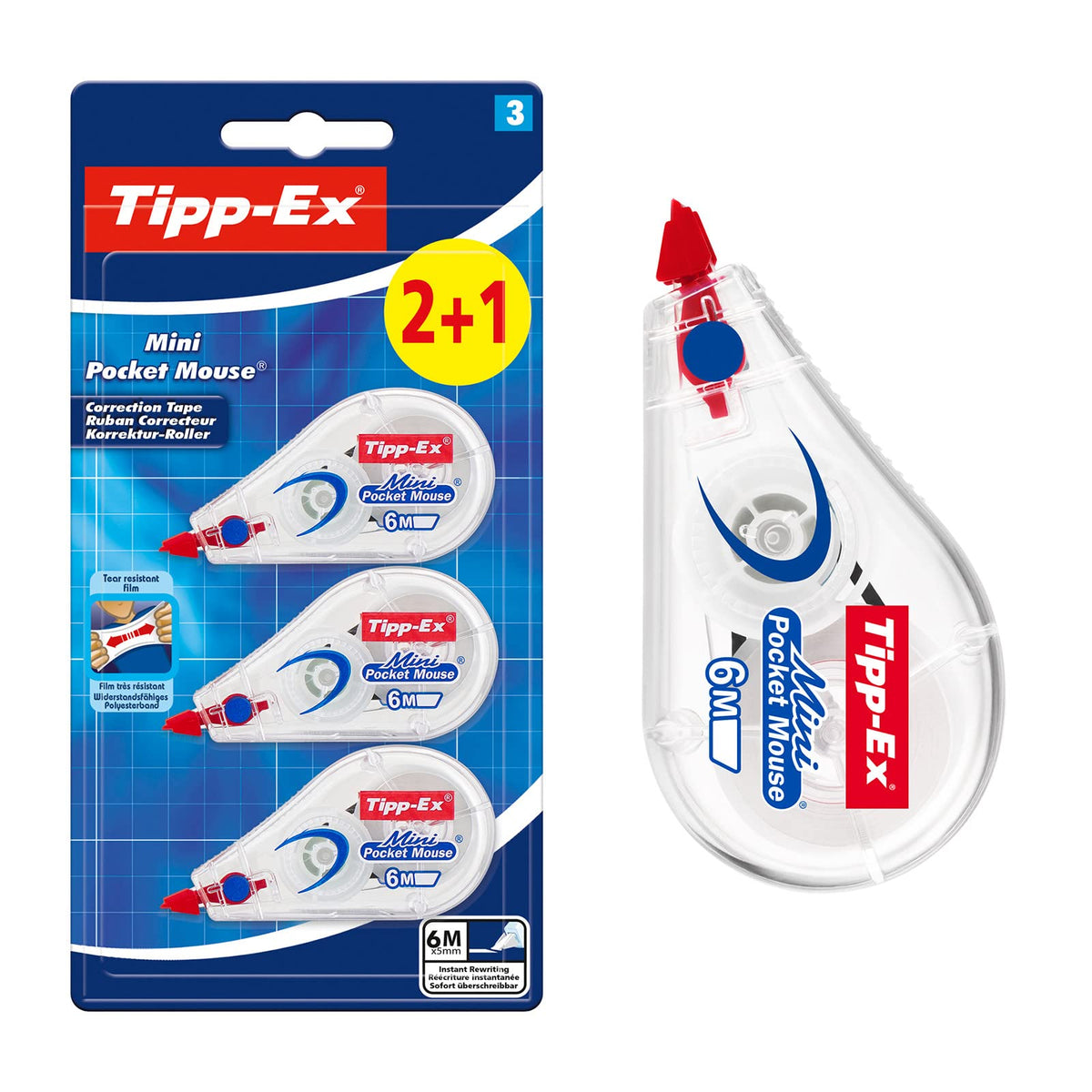 Bic Tipp-Ex Mini Pocket Mouse Correction Tape – Pack of 2 and 1,white