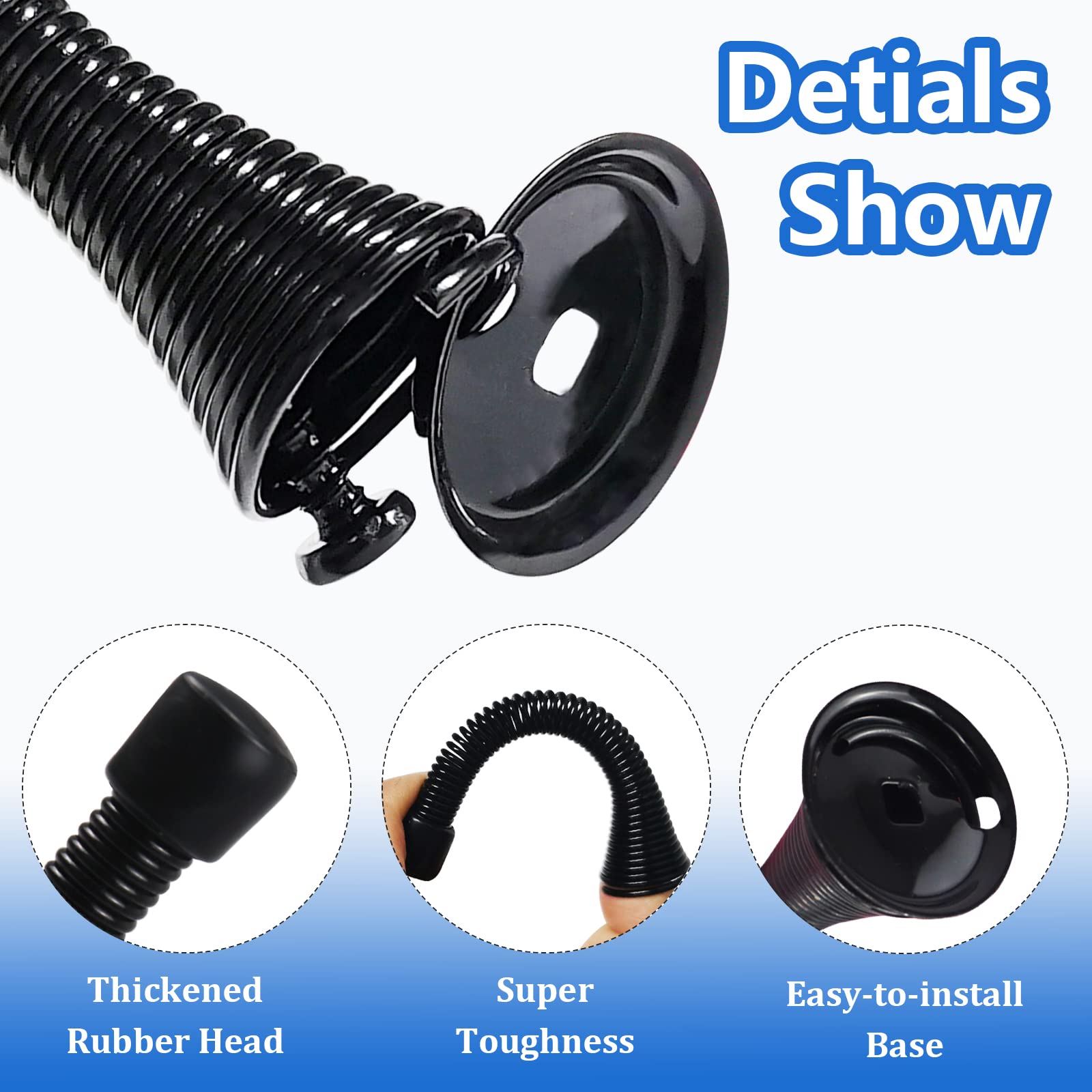 3 Pack Black Spring Door Stops, Bendable Metal Spring Door Stoppers with Anti-Slip Rubber Heads Screws Base, Long Door Springs for Protect Walls and Doors