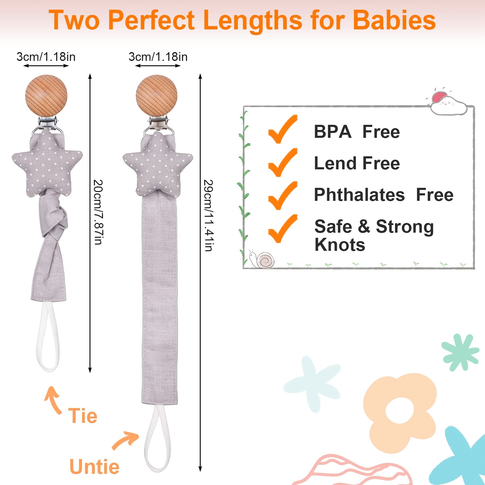 ALTcompluser 3 Pcs Dummy Clips, BPA Free Soother Pacifier Chain Holder Clips, Personalised Dummy Strap for Unisex Boys Girls Baby and Newborn (Grey)