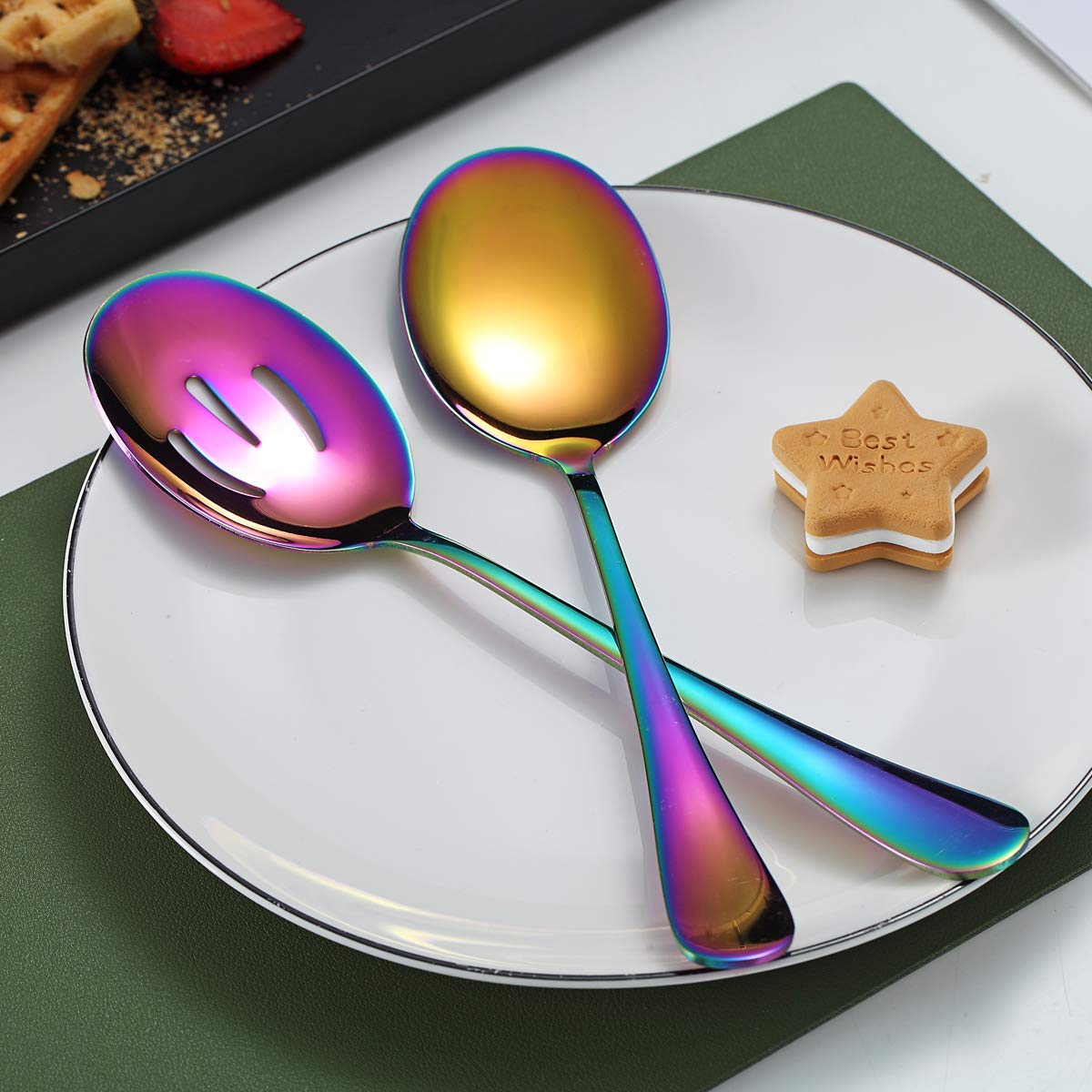 Rainbow Serving Spoons 4 Pieces, Kyraton Titanium Plating Serving Spoon, Include 2 Serving Spoon and 2 Slotted Spoons, Stainless Steel Serving Utensils, Serving Set Packing of 4