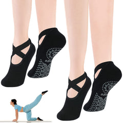 flintronic Yoga Socks, 2 Pairs Non-Slip Pilates Socks with Straps, Cotton Five Toe Grip Socks for Pilates, Ballet, Barre, Barefoot Workout, Dance - Sweat Absorption (BlackandBlack)