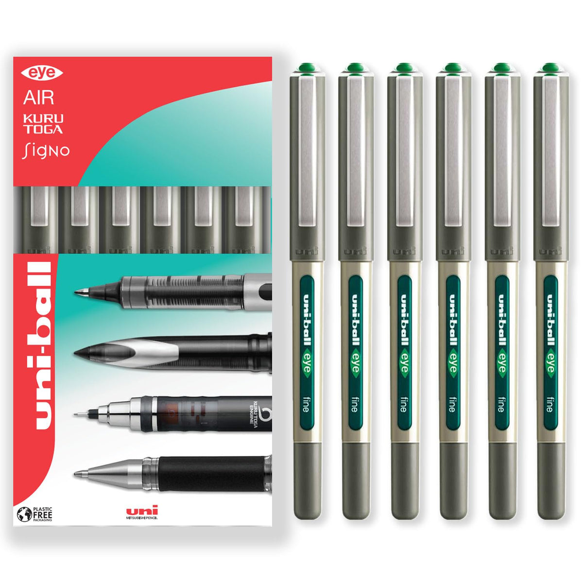 uni-ball EYE - UB-157 Rollerball Pens - 0.7mm Nib - Green - Pack of 6 - In Gift Box