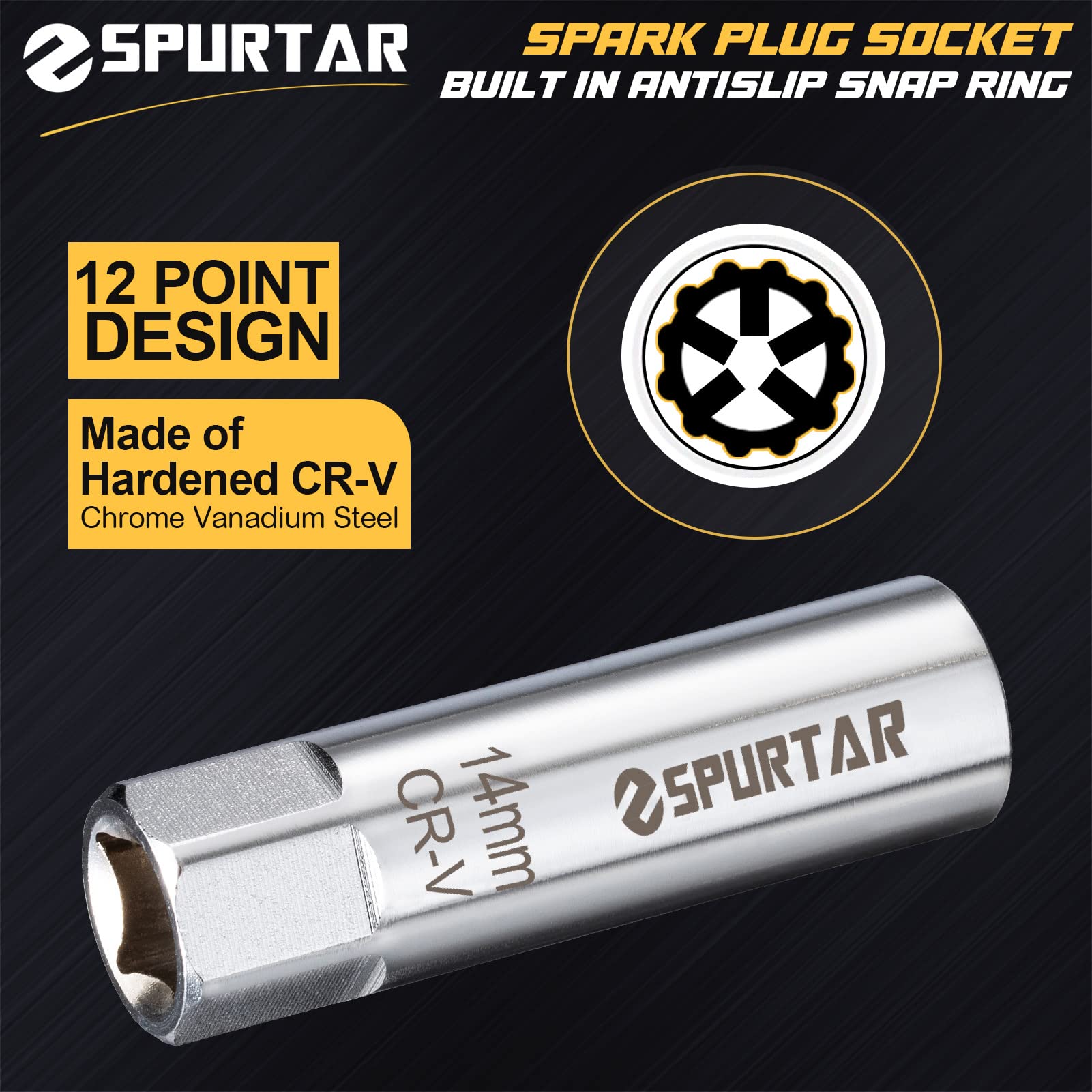 Spurtar 14mm Spark Plug Socket 12-Point Thin Wall, Build-in Spring Clips Spark Plug Removal Tool Compatible with BMW, Mercedes, Nissan, Peugeot, Mini Motorcycle, Car, SUV - 3/8 inches Drive