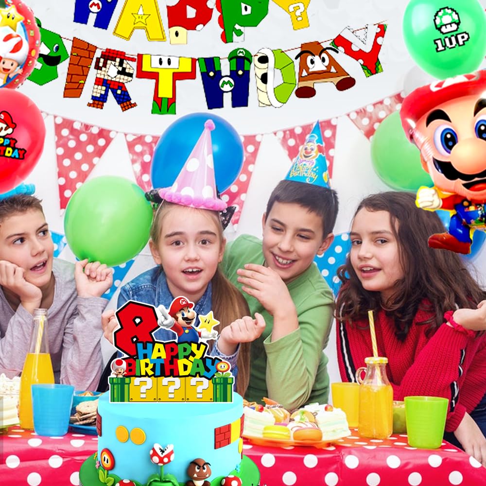 YOOYEH 1 PCS Mario Party Cake Toppers, 8th Cartoon Movie Themed Happy Birthday Party Supplies Decorations for Boys Girls Decorations (8th)