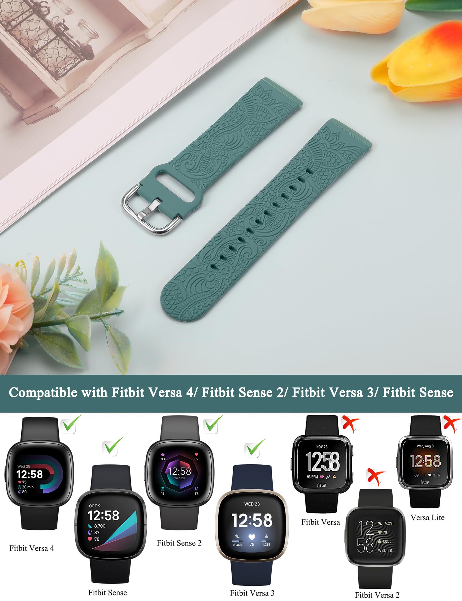 TOYOUTHS Floral Engraved Compatible with Fitbit Versa 4/Versa 3/Sense 2/Sense Straps, Women Upgraded Soft Sport Silicone Replacement Strap for Versa 4/3 Sense 2/Sense, Green