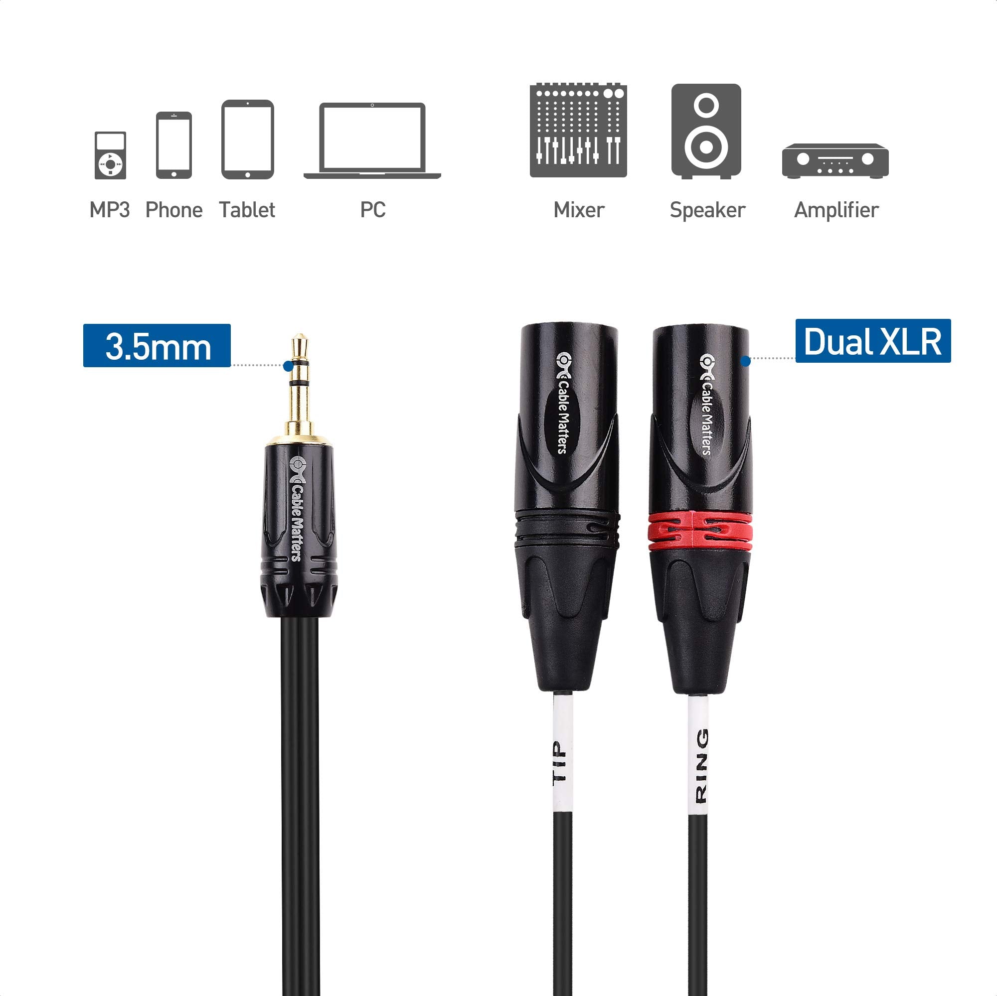 Cable Matters 1/8 Inch 3.5mm Mini Jack to XLR Stereo Cable 3 m, XLR to Mini Jack Cable, Male to Male Aux to Dual XLR Breakout Cable, 3.5mm Jack to Dual XLR Male Y-Splitter Cable