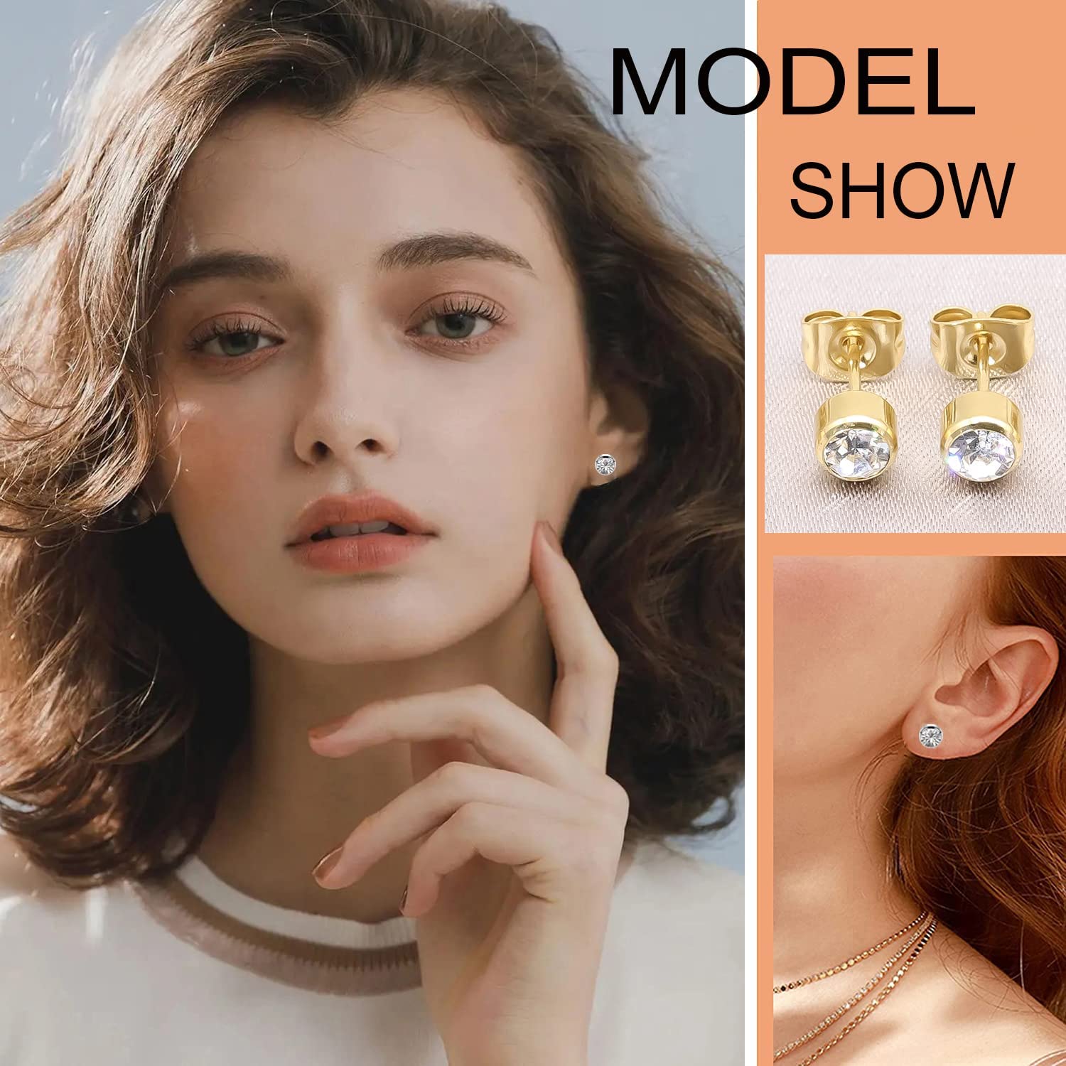 Artskin 3 Pairs/Set Women's Stud Earrings Titanium Girls' Earrings Hypoallergenic Crystal Men's Earrings 4mm Nickel Free 14K Gold Plated Earrings Studs Mothers' Day Gift