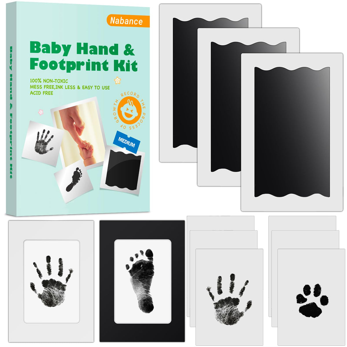 Nabance Baby Footprint Kit & Handprint Kit, 3 Inkless Ink Pads, 2 Photo Frames, 6 Imprint Cards, Safe for Baby Hands and Feet, Family Keepsake Gifts for New Parents, Baby Shower Gifts 0-6 months