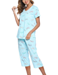 ENJOYNIGHT Womens Pyjamas Short Sleeve Top and Cropped Bottoms Pjs Set Cotton Loungewear Cute Print Nightwear (Large,Blue Flying)