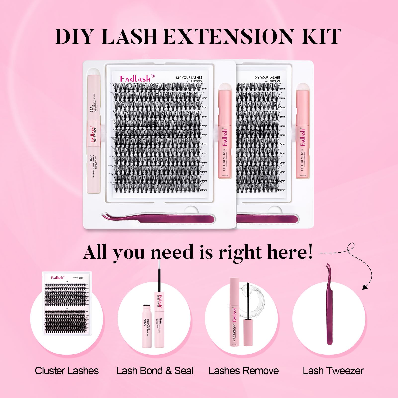 Eyelash Extension Kit Lash Bond and Seal Lash Clusters with Eyelash Tweezer Lash Glue for Individual Lashes Lash Applicator Tool for DIY Lash Extension Kit Makeup (Set 20D-0.07D, 15-20mm)