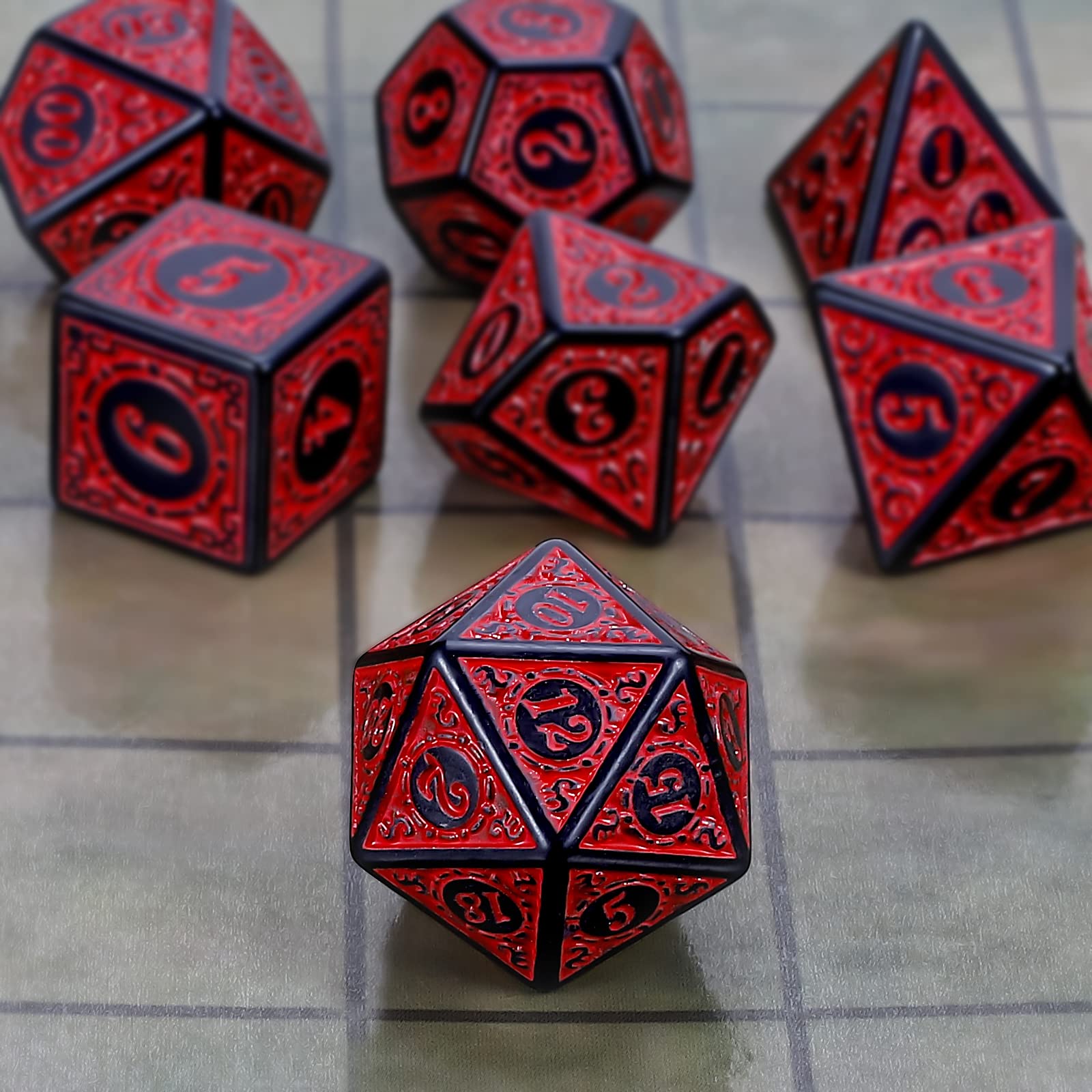 QMAY DND Dice Polyhedral Dice Set - 7 Pieces for Dungeon and Dragons MTG RPG D&D D20, D12, D10, D%, D8, D6, D4 (Red Engraving)