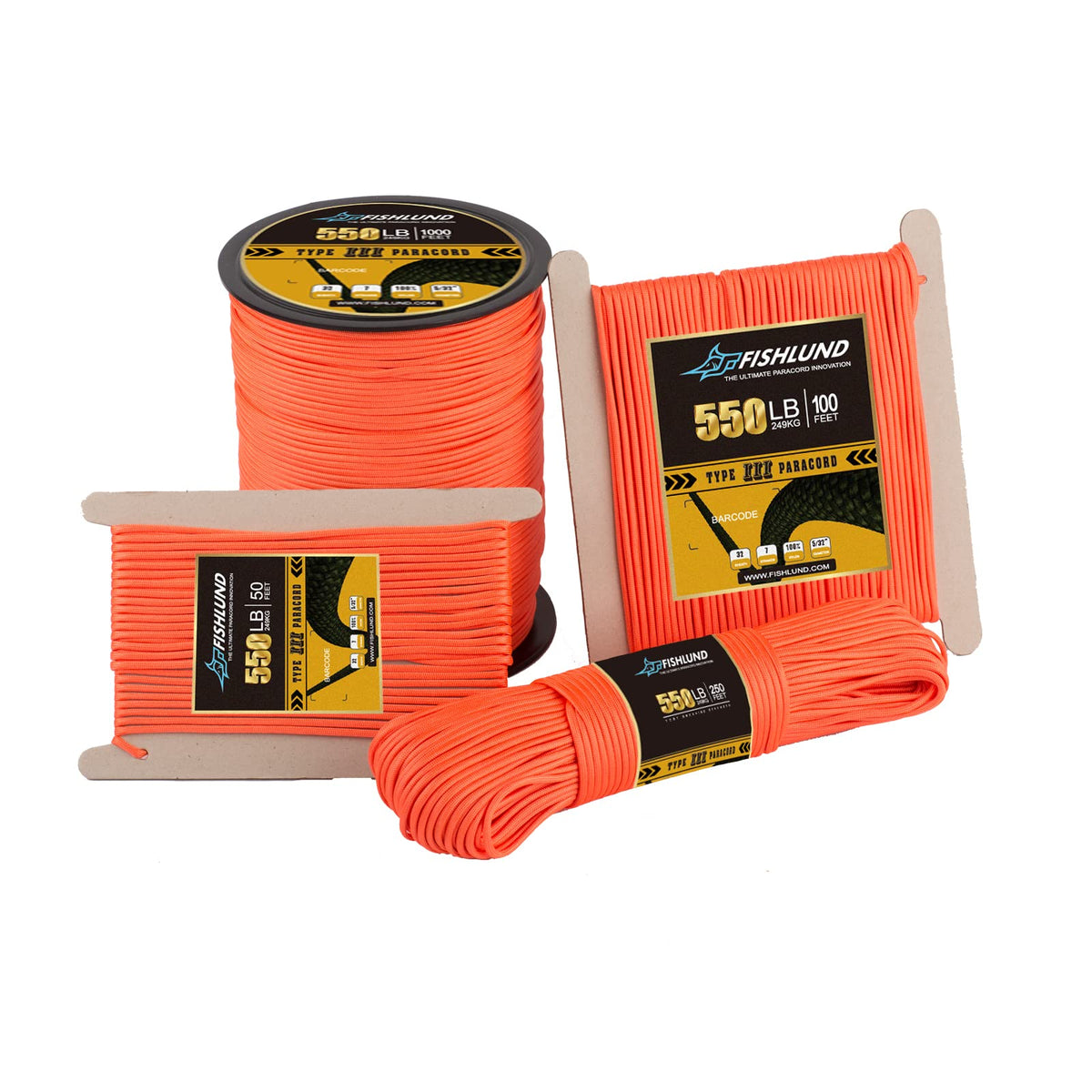 FISHLUND Paracord 550 lb, 7 Strand Type III Paracord Rope 50ft, High Strength Nylon Parachute Cord for Camping, Survival, Tactical and Hiking, Neon Orange