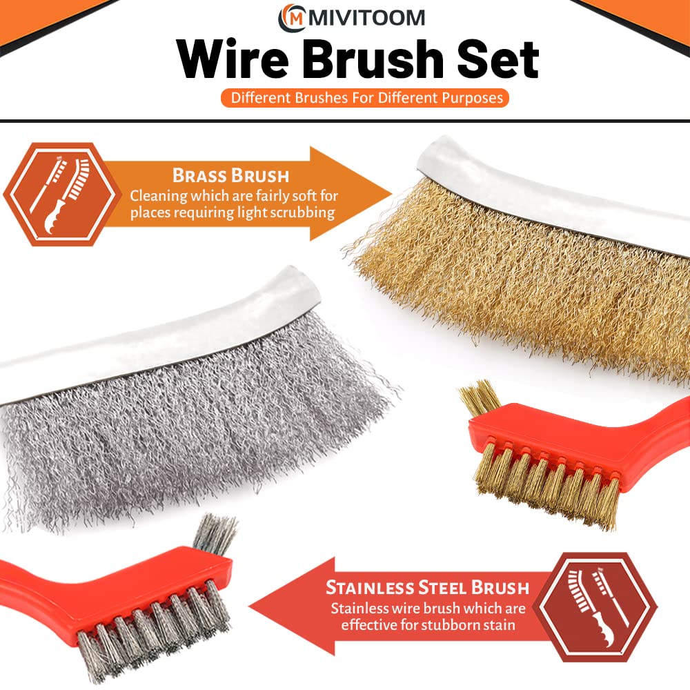 Hand Wire Brush Set 4 Pcs with Stainless Steel Brush and Brass Brush,Wire Brush for Cleaning Rust, Paint and Welding Slag (2 big,2 small)