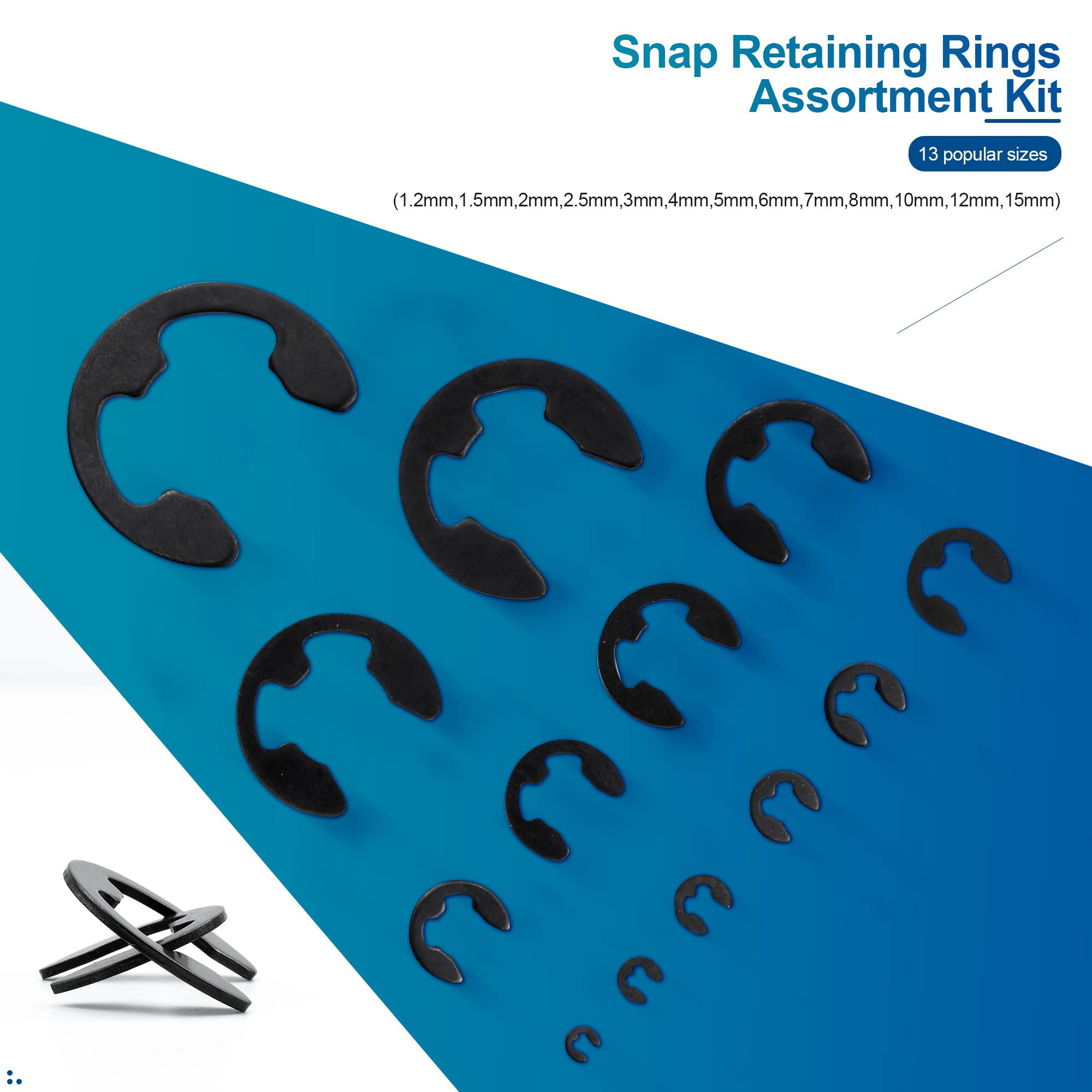 NINDEJIN 395PCS Retaining Rings E-Clip Assortment Set, 13 Sizes, Carbon Steel External Snap Ring, E-Clips Retainer Circlip Rings for Projects - Gears Pulleys Axles Shafts and Other Moving Parts