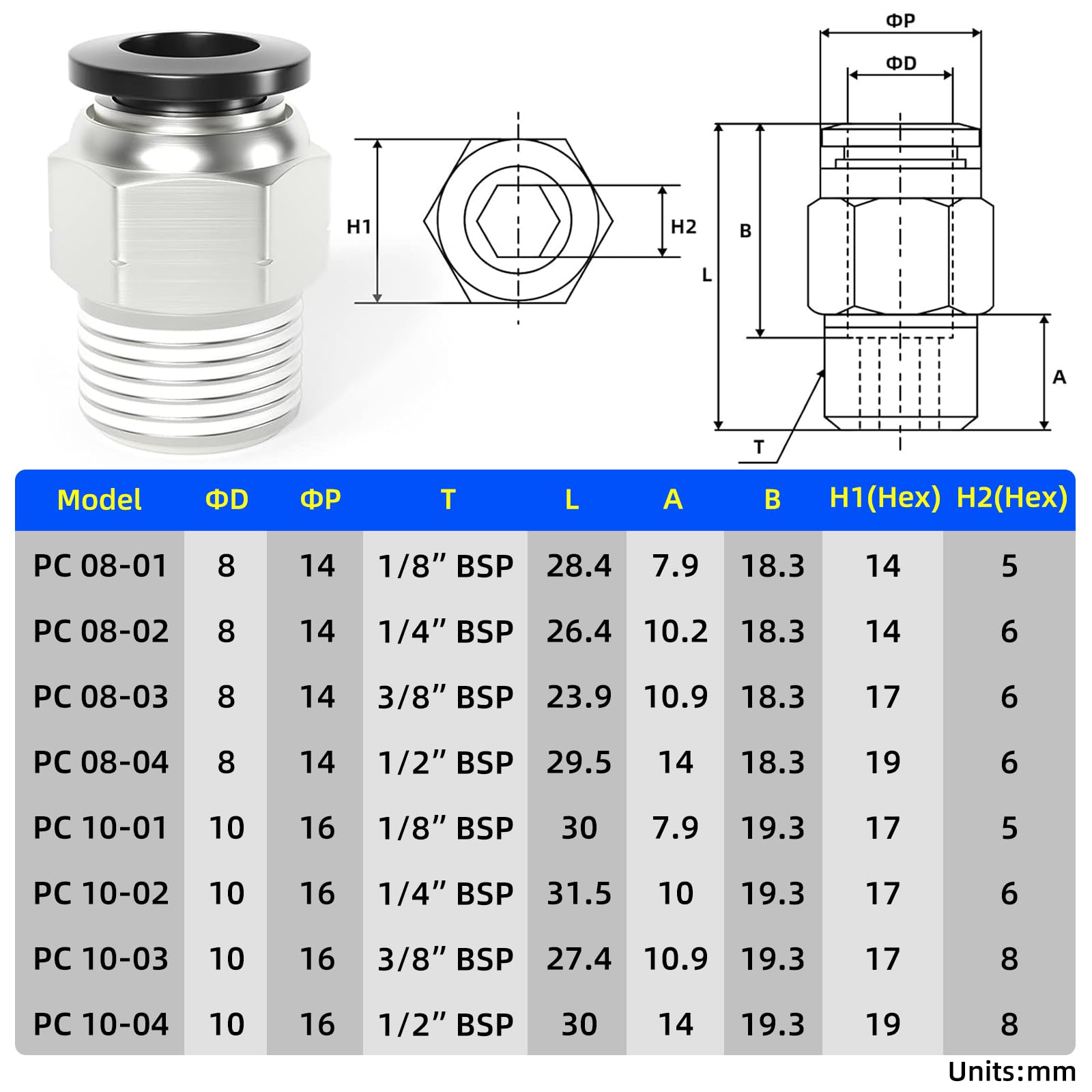 TAILONZ PNEUMATIC Copper Male Elbow 10mm Tube OD x 1/8 BSP Push to Connect Fittings PC10-01 (Pack of 2)