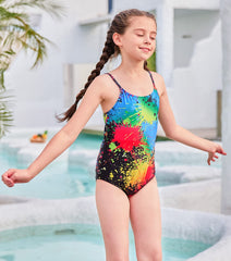 RAISEVERN Spotty Girls Swimming Costume Funny Beachwear Splashing Swimsuit Cute 3D Round Neck Sleeveless One Piece Swimming Wear, XL, 9-10 Years