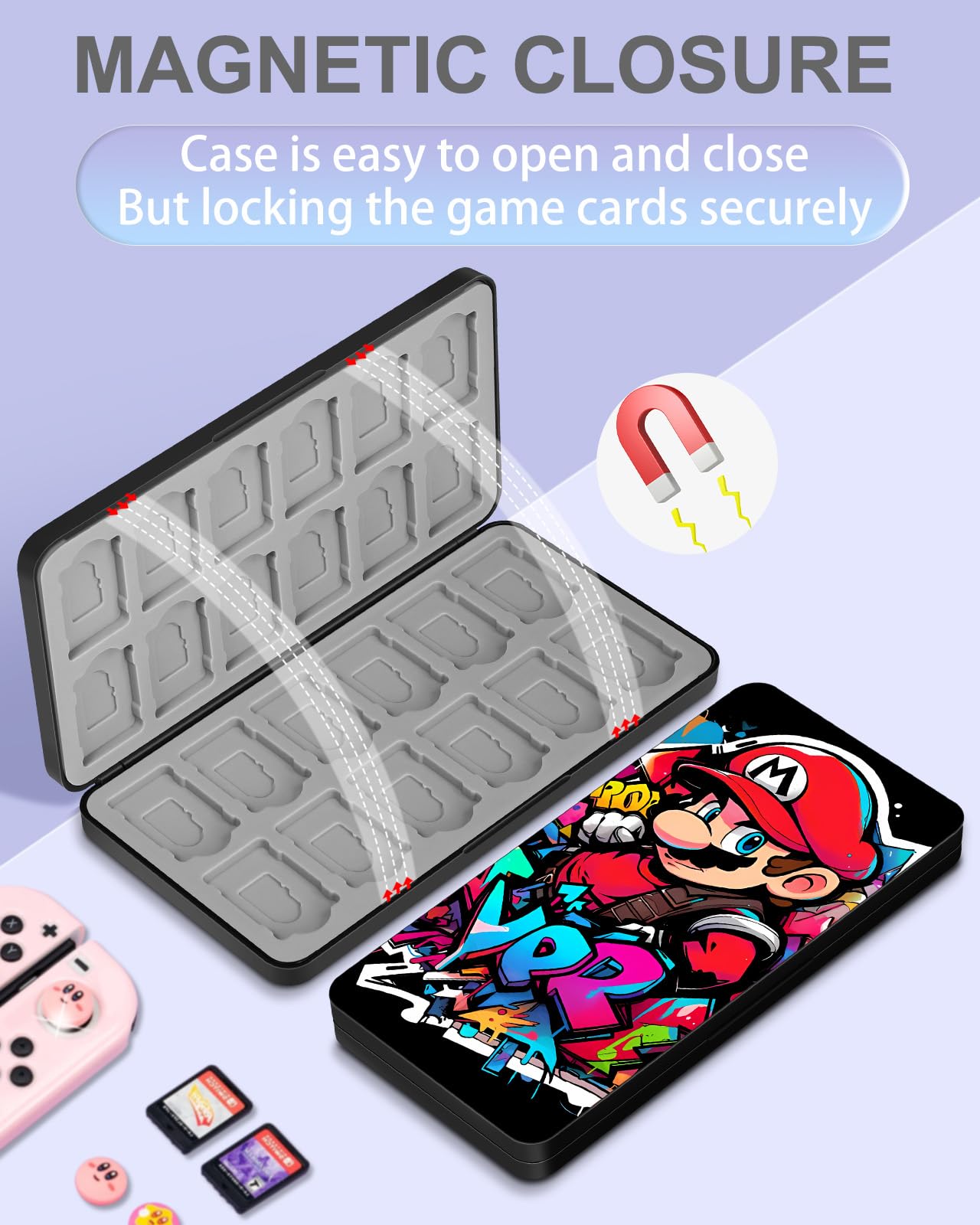 Koecya for Nintendo Switch Game Case with 24 Game Holder Slots and 24 SD Micro Card Slots for Nintendo Switch/Lite/OLED,Cute Cartoon Games Cartridge Cases for Boys Kids Girls Kawaii Storage Box, Black