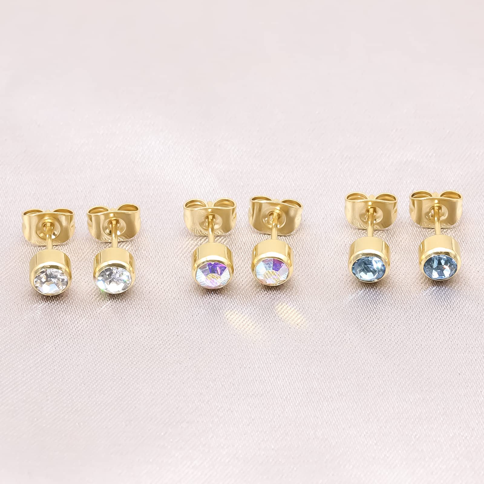 Artskin 3 Pairs/Set Women's Stud Earrings Titanium Girls' Earrings Hypoallergenic Crystal Men's Earrings 4mm Nickel Free 14K Gold Plated Earrings Studs Mothers' Day Gift