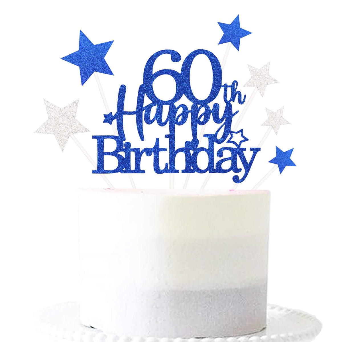 Glittery 60th Cake Topper with Star men women 60 Birthday Party Supplies, Sixty Years Old Birthday Party Decorations Royal Blue