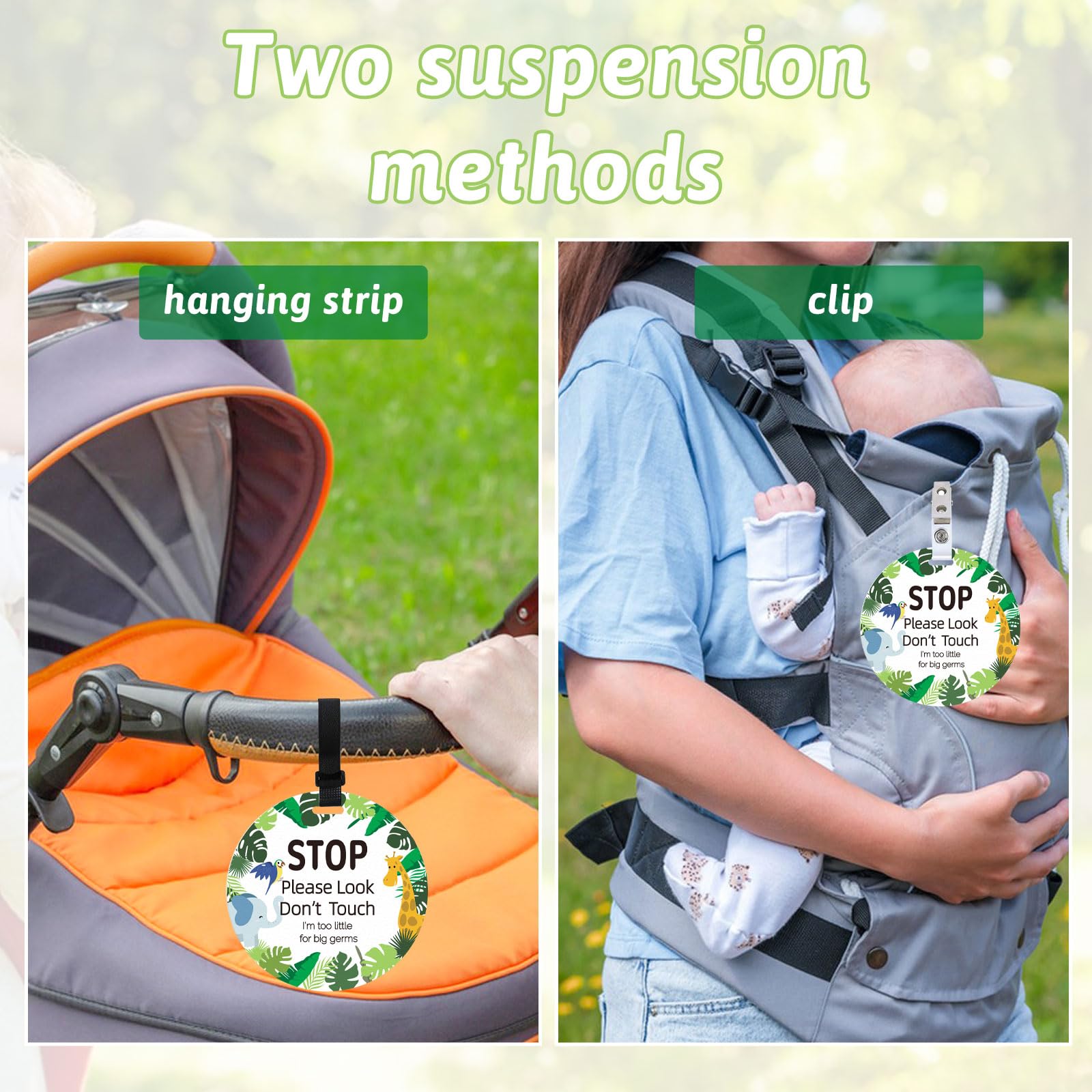 ORIGACH 2 Pack No Touching Baby Stroller Tag Set, Green Plants and Animals Pattern Stop Touching Baby Car Seat Sign with Hanging Straps and Clip, No Touch Baby Safety Sign for Newborn Baby Girl Boy