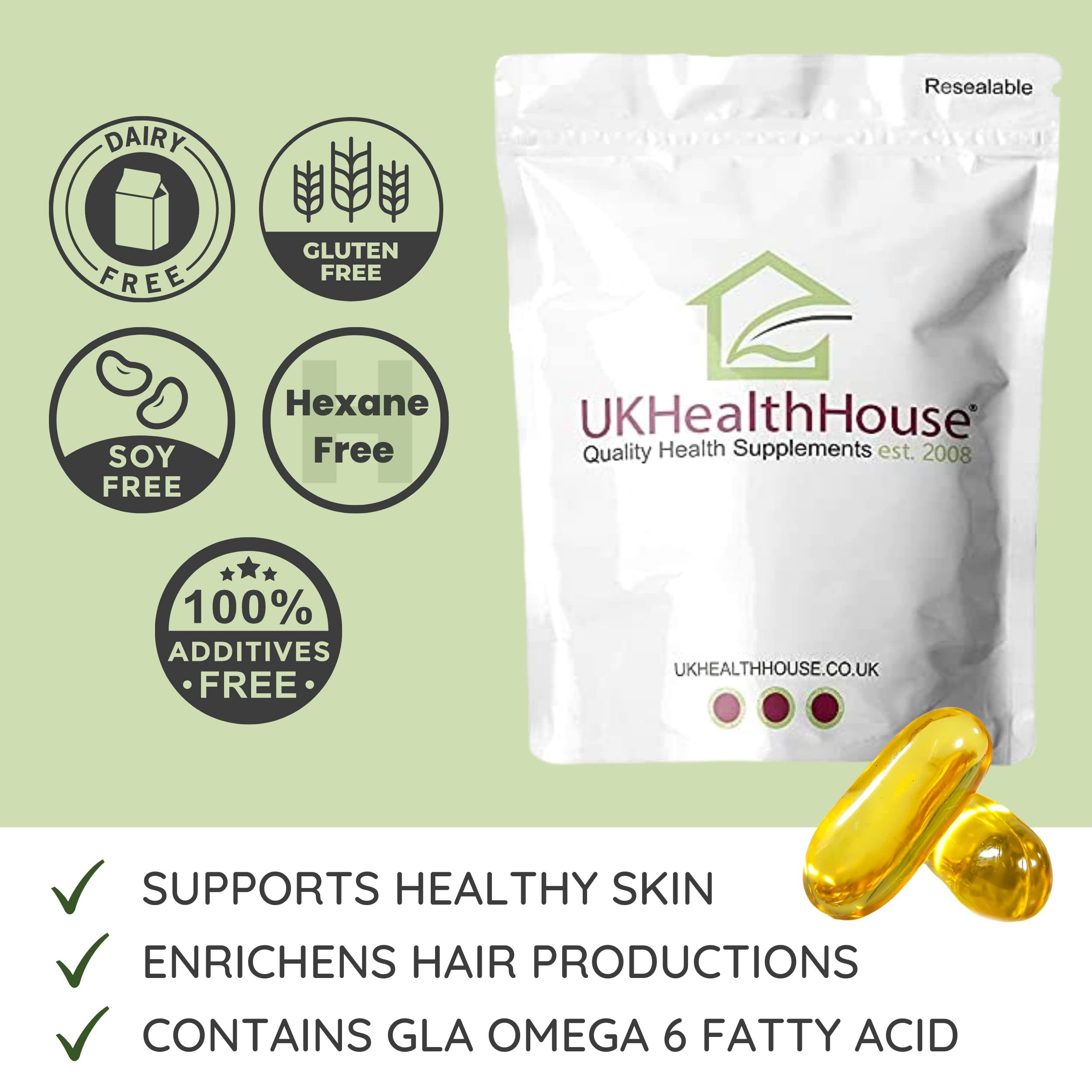 UKHealthHouse Evening Primrose Oil – EPO Capsules, 1000mg x 90 Softgels – High Strength Omega 6 GLA Content – Great for Skin, Immune System, Hormonal Pain, Hot Flushes & Women’s Health