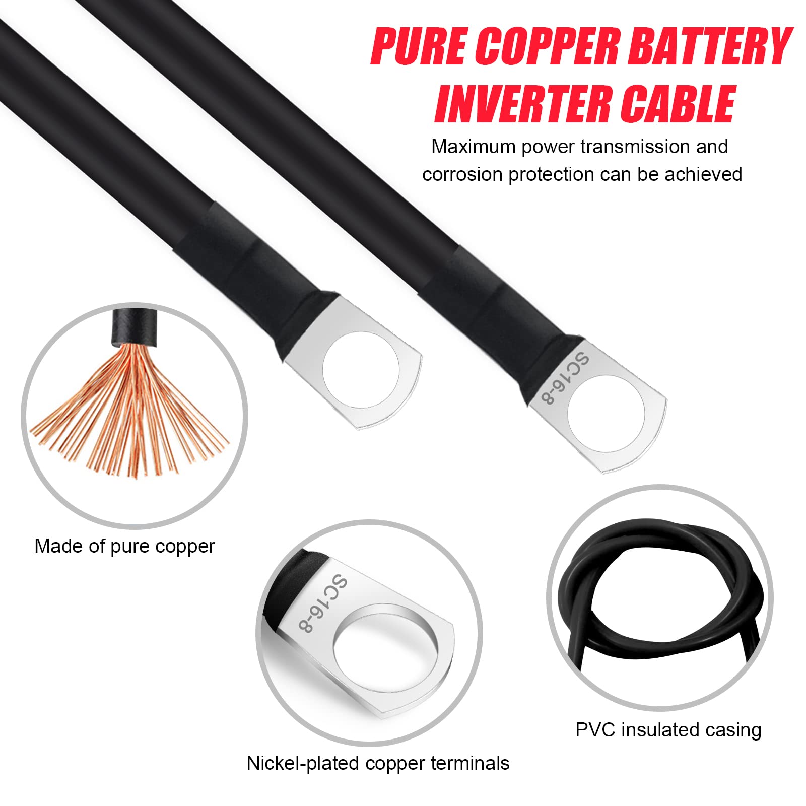 JatilEr 2 Pcs Battery Cables 12v M8, Battery Leads 50cm Battery Link Cables 16mm Pure Copper, Battery Inverter Cable Heavy Duty, for Motorcycle Solar Car Battery Grounding Cable Car Etc