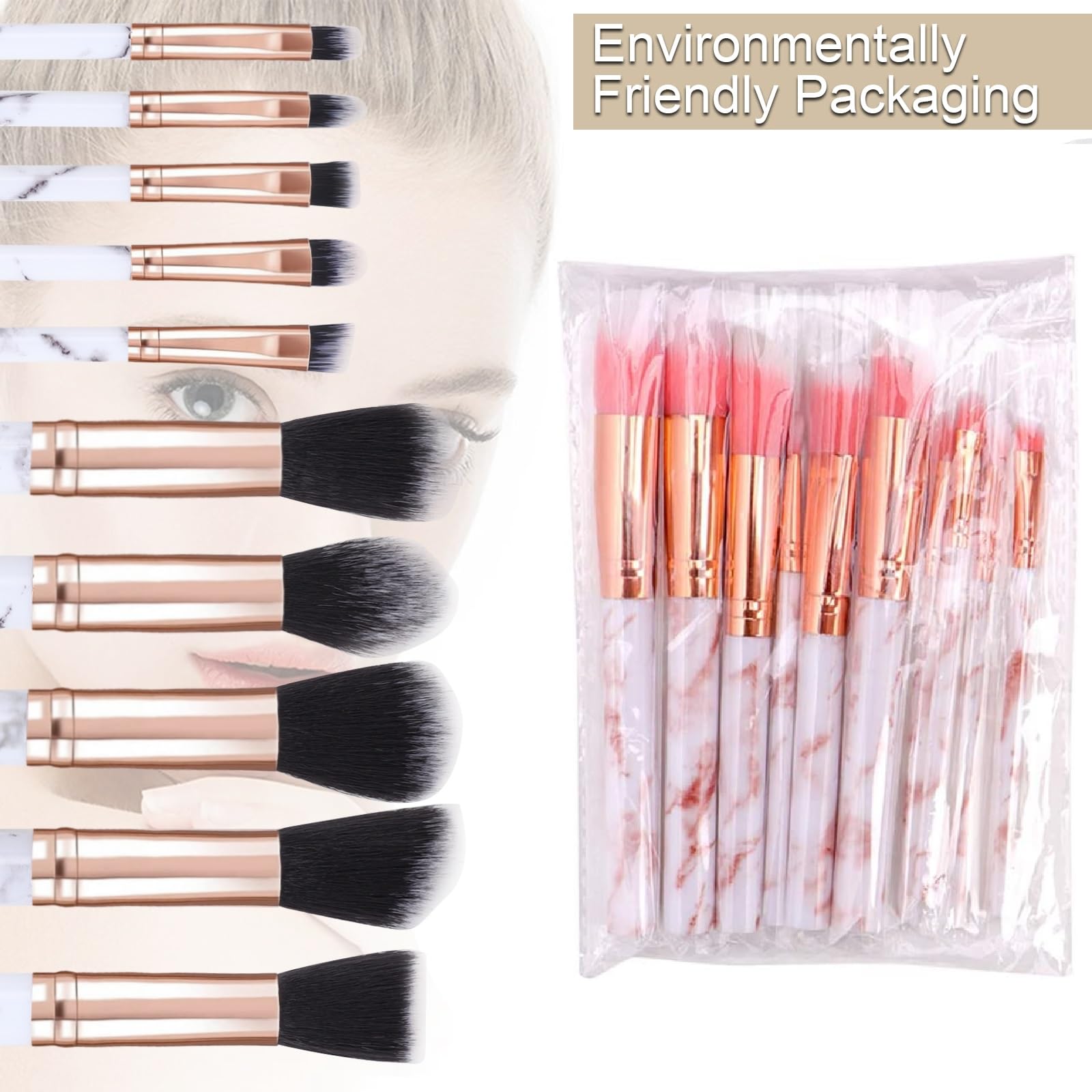 Makeup Brushes 10Pcs Marble Make Up Brushes Set - Includes Foundation, Blusher, Powder, Blending, Eyeshadow and Concealer Brushes, Gift for Women Girls (Rose)