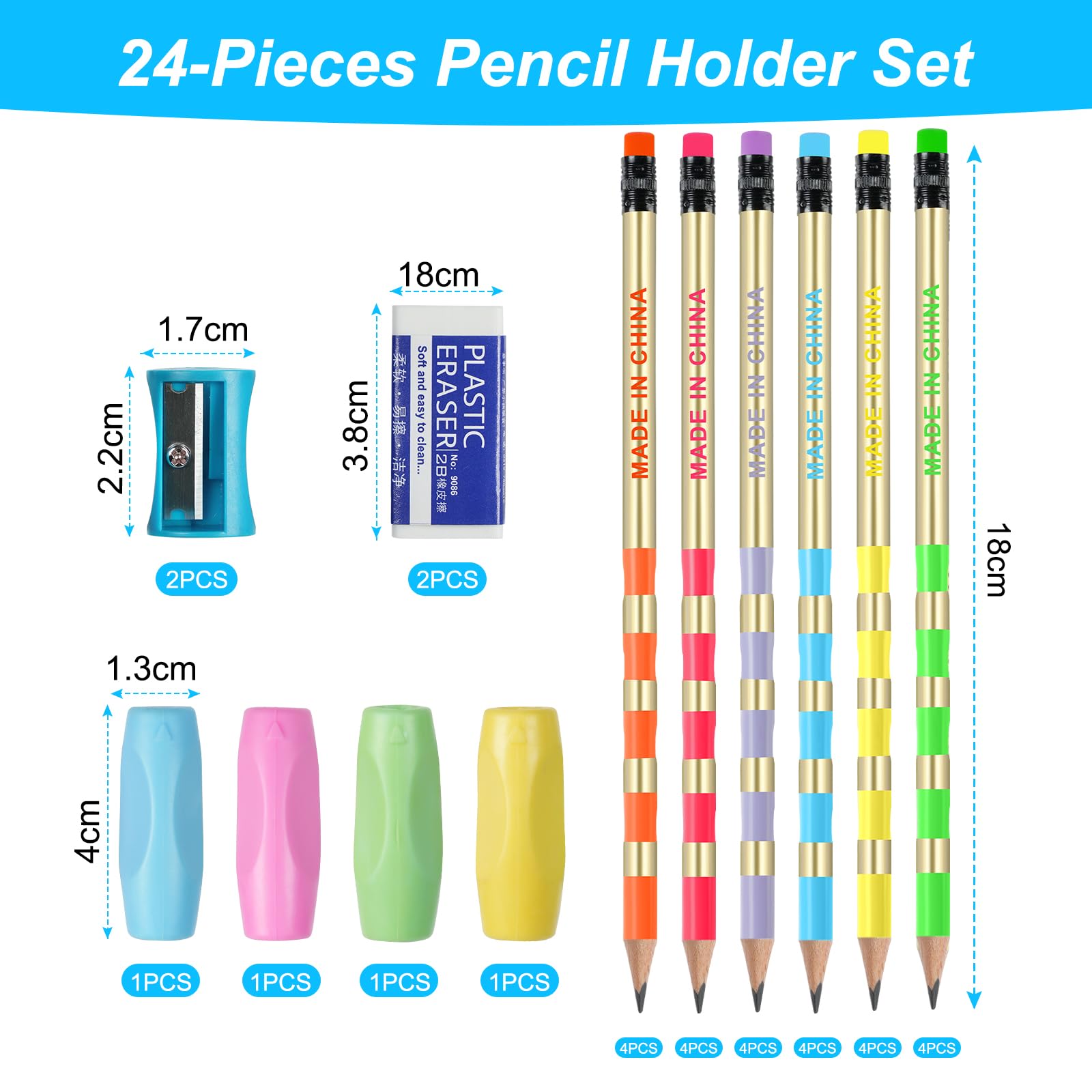 OFFCUP HB Pencils, 24pcs Pencils with Rubbers, Presharpened Pencil Writing Pencils with Rubbers on The End with 4 Pen holders, 2Pencil Sharpener and Rubbers for Children Handwriting and Drawing Gourd