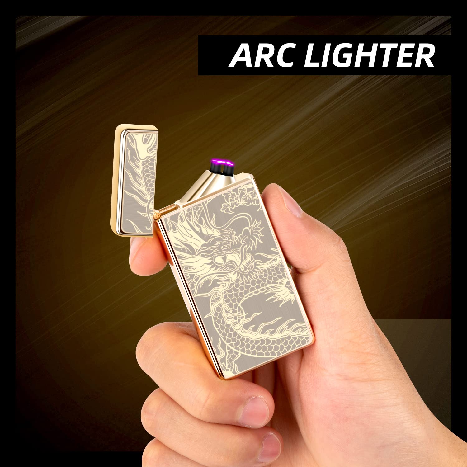 Electric Plasma Lighter with Cross X Dual Arc, USB Rechargeable Flameless Lighter with Cool Dragon Winding Pattern, Electronic Windproof Dragon Lighter, Gifts for Dad/Men (Cool Gold Dragon)