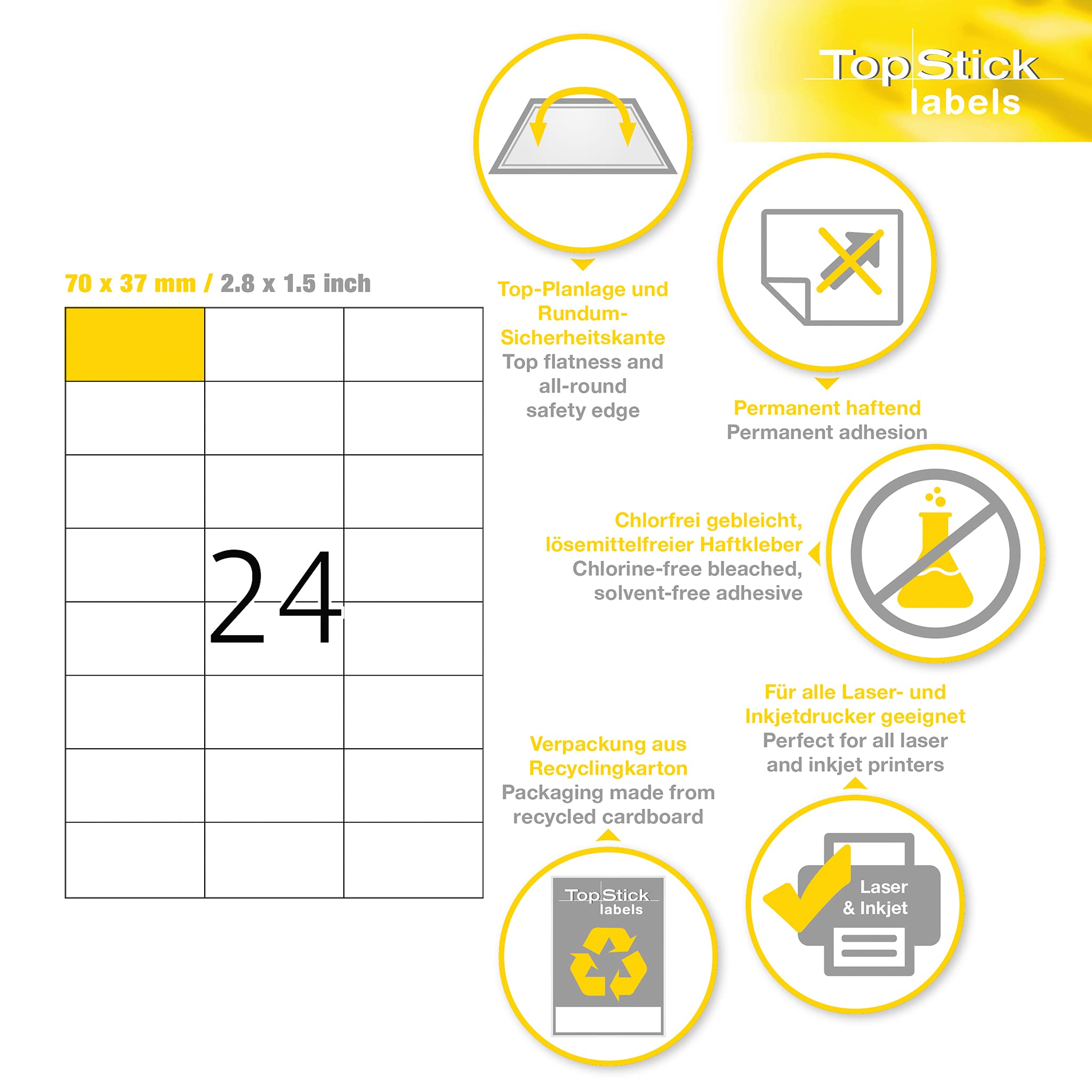 TopStick 8706 Self Adhesive Address Labels, 24 Labels per A4 Sheet, 100 Sheets, 70 x 37 mm, 2400 Labels, Blank Mailing Labels Stickers, Sticky Labels for Laser & Inkjet Printer, White