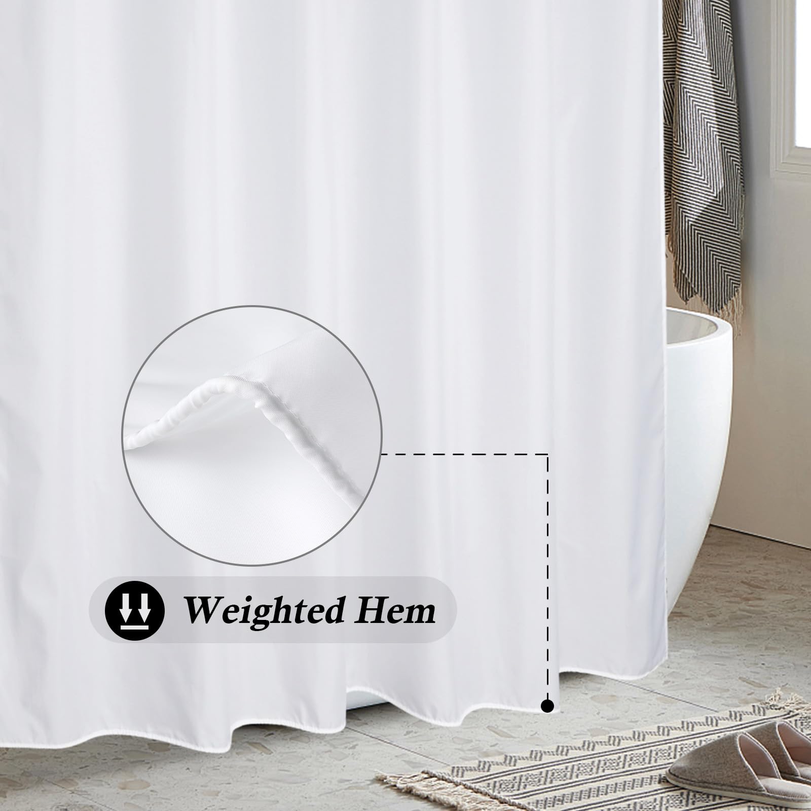 Short Shower Curtain 150cm Drop with 8 Free Hooks, Water repellent White Fabric Stall Shower Curtain 120 x 150 cm Long,Easy Clean Machine Washable