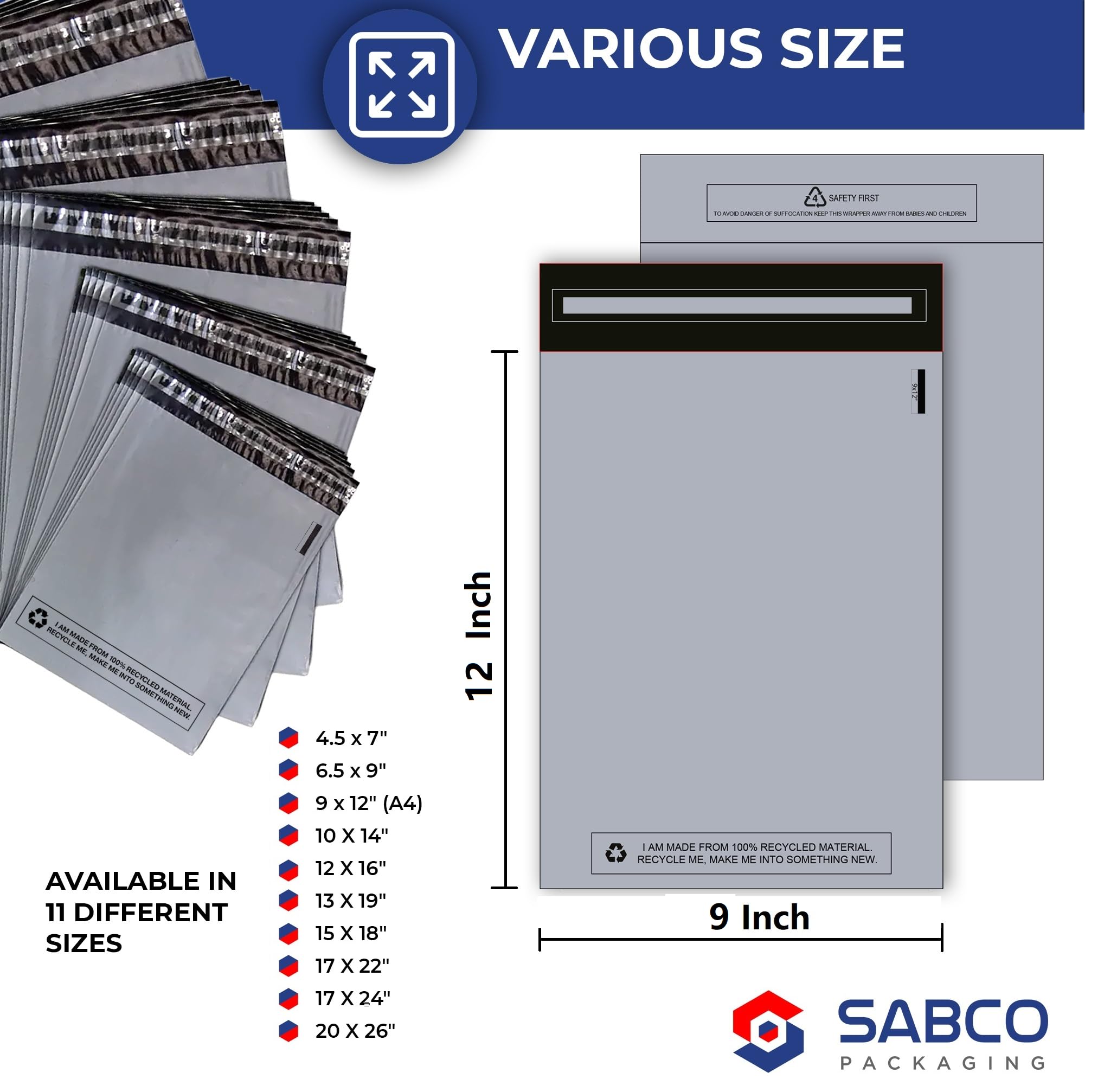 Sabco - Mailing Bags – 9 x 12 inches Self Adhesive, Waterproof and Tear-Proof Postal Bags – Medium Sized Grey Plastic Mailing Mail Post Postage Plastic Bags (9 x 12 inches, 50)