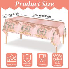 137*274cm Large 60th Rose Gold Table Cloth,60th Birthday Decorations for Her,Rose Gold 60th Birthday Party Plastic Disposable Table Cloth Tablecover for Her Birthday Gifts,60th Birthday Party Supplies