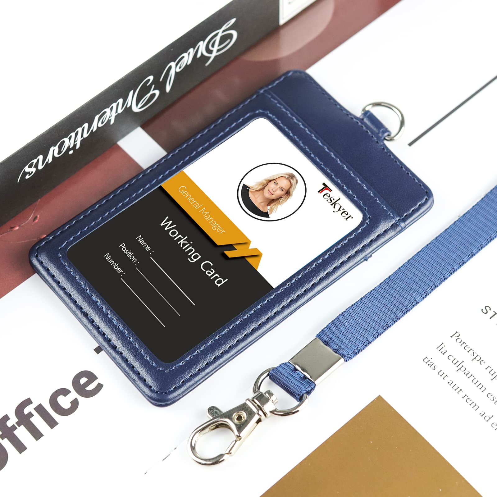 Teskyer Card Holder with Lanyard, ID Badge Holder with Clear Window and Holds 2 Cards, PU Leather Vertical Badge Holder for ID Cards, Offices, Schools, Bus Passes, Blue