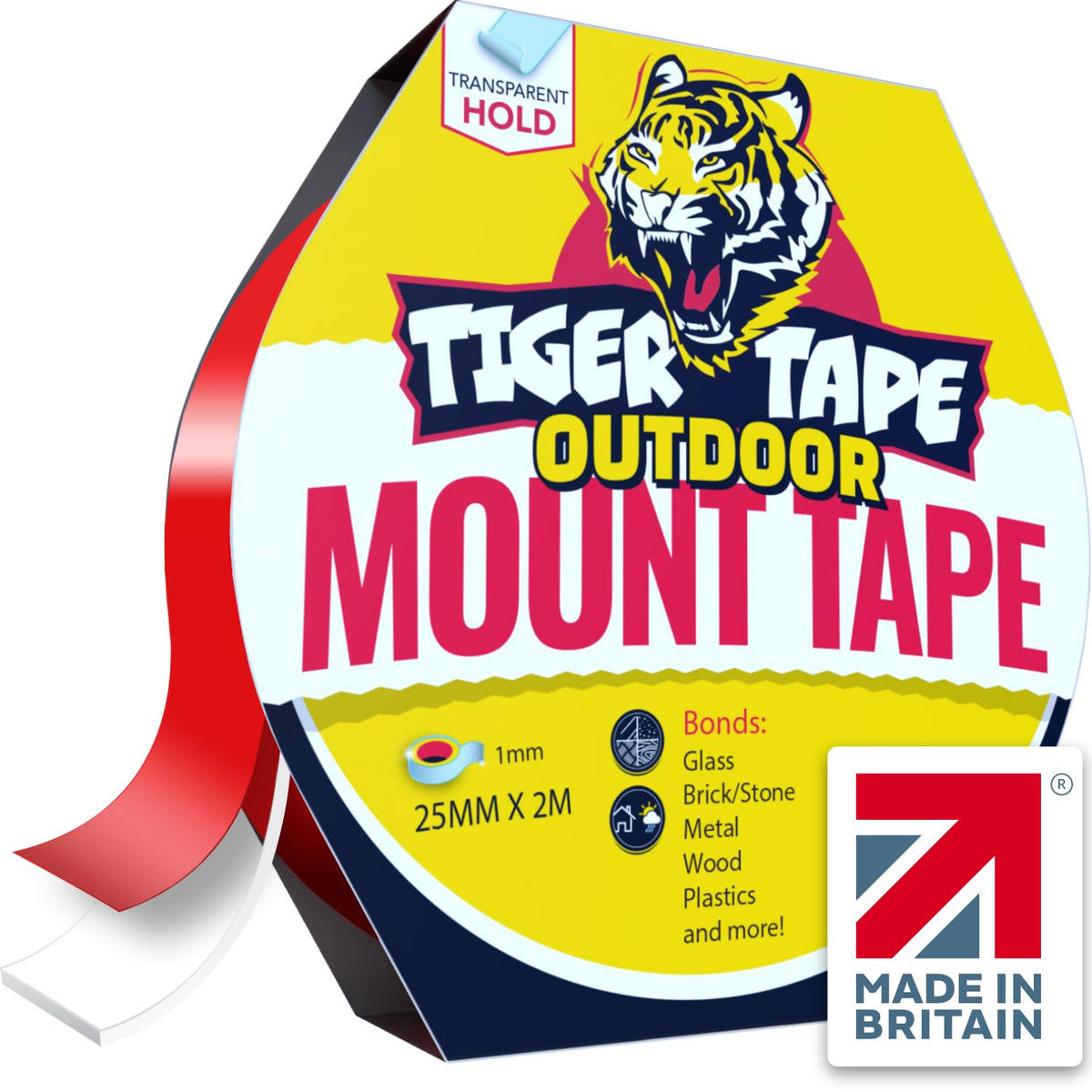 Tiger Tape® UK Made. Outdoor Double Sided Mounting Tape   Clear Heavy Duty Waterproof Tape for Brick, Glass, Metal, Plastics   Quick & Easy, No Screws, Nails, or Glue Needed   Permanent