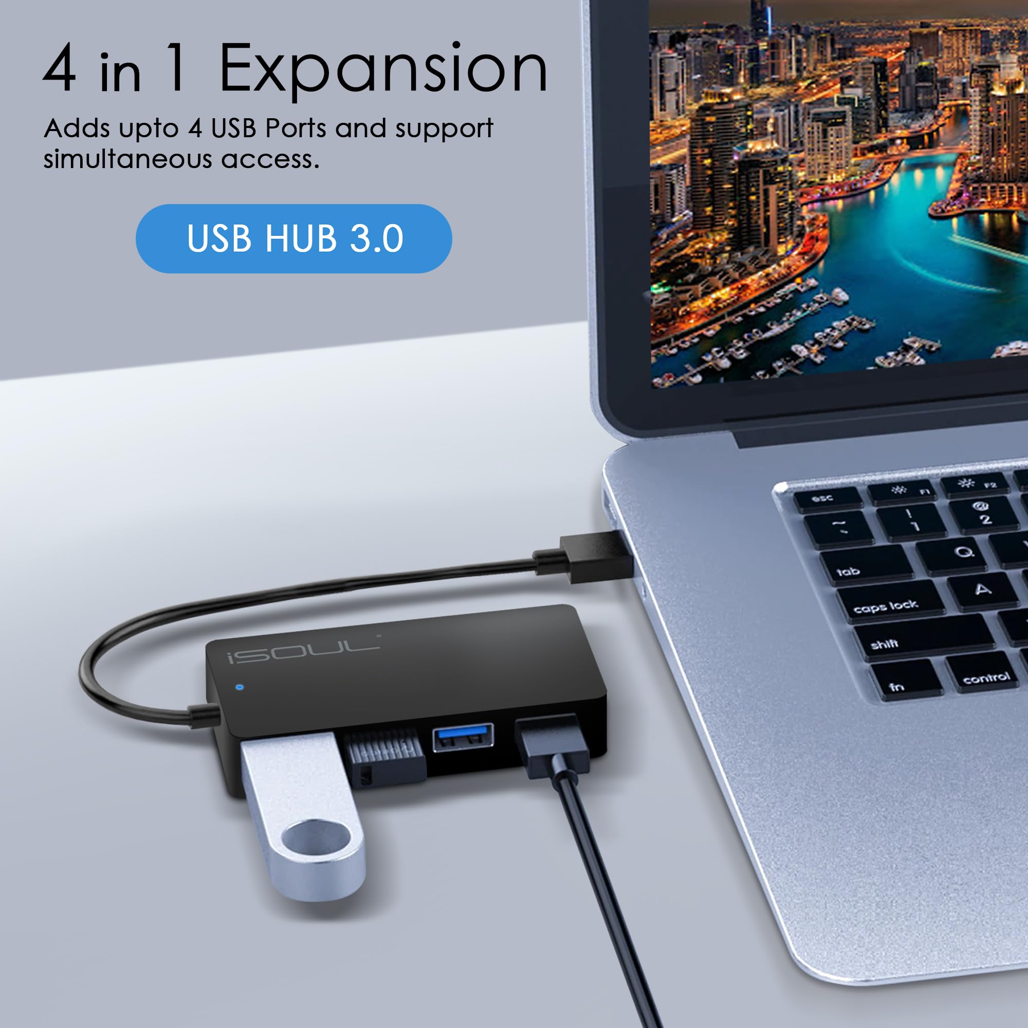 iSOUL USB Hub 3.0 4-Port Ultra-Slim USB A Hub 0.6ft Multiport Extended Data Cable, USB Splitter for PC, MacBook, PS4, PS5, Xbox, Playstation, Mac, Laptop, iMac [USB Adapter, USB Extender]