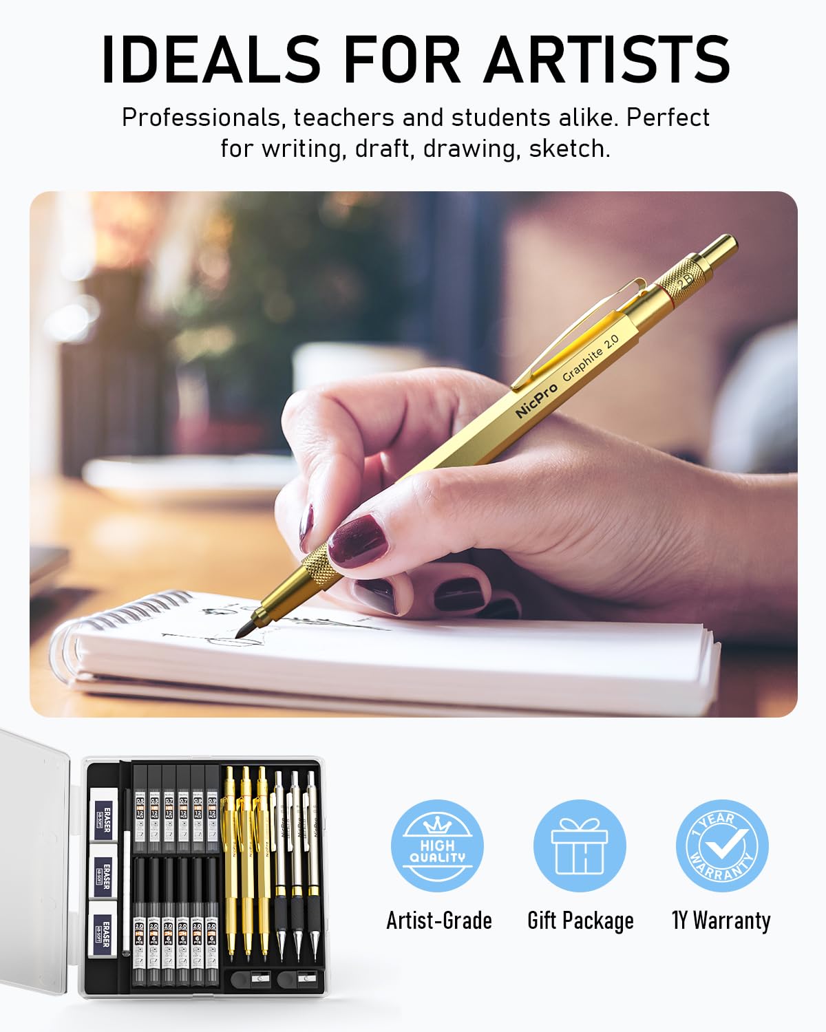 Nicpro 6PCS Gold Mechanical Pencils Set, 3 PCS 2mm Lead Holder (2B HB 2H), Clutch Propelling Drafting Pencil 0.5 mm & 0.7 mm & 0.9 mm For Writing, Sketching Drawing With 12 Tube Lead Refills Case